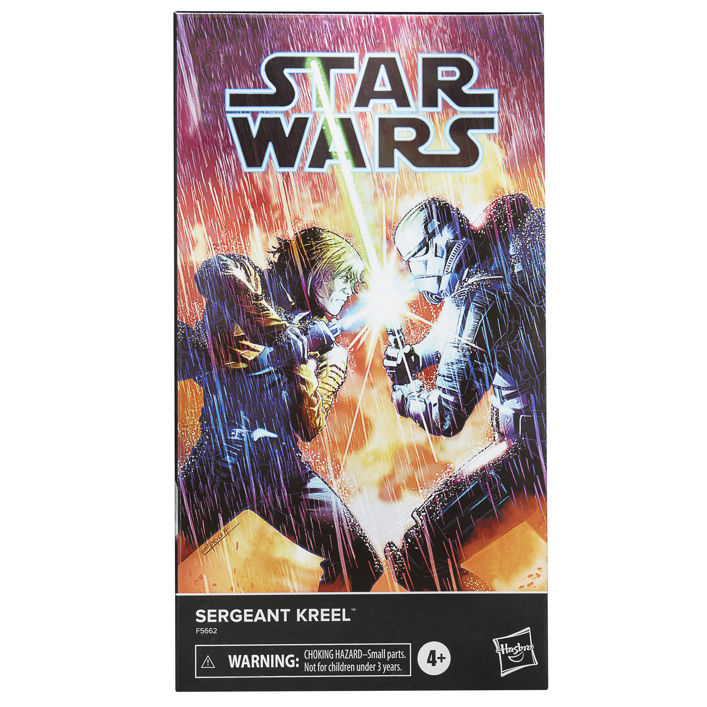 Embalaje de Star Wars con el sargento Kreel en un duelo de sables de luz.