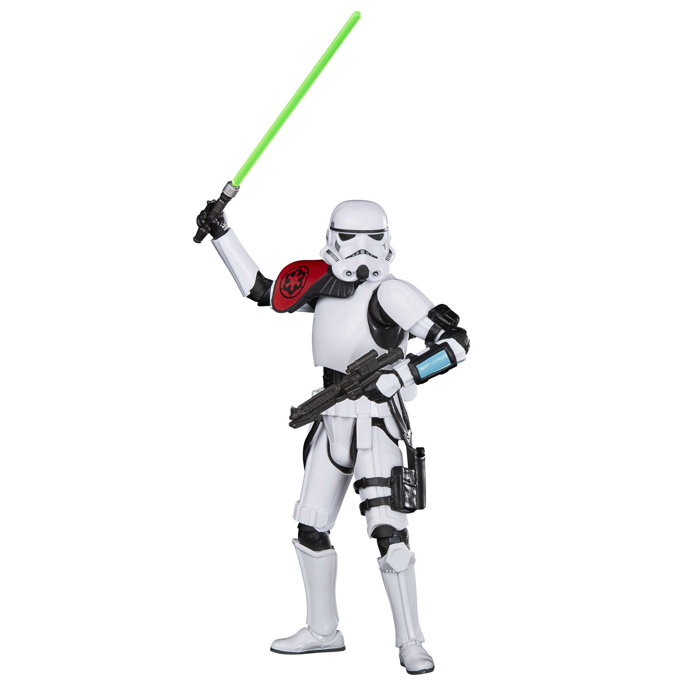 Stormtrooper con armadura blanca y hombrera roja sostiene un sable de luz verde.