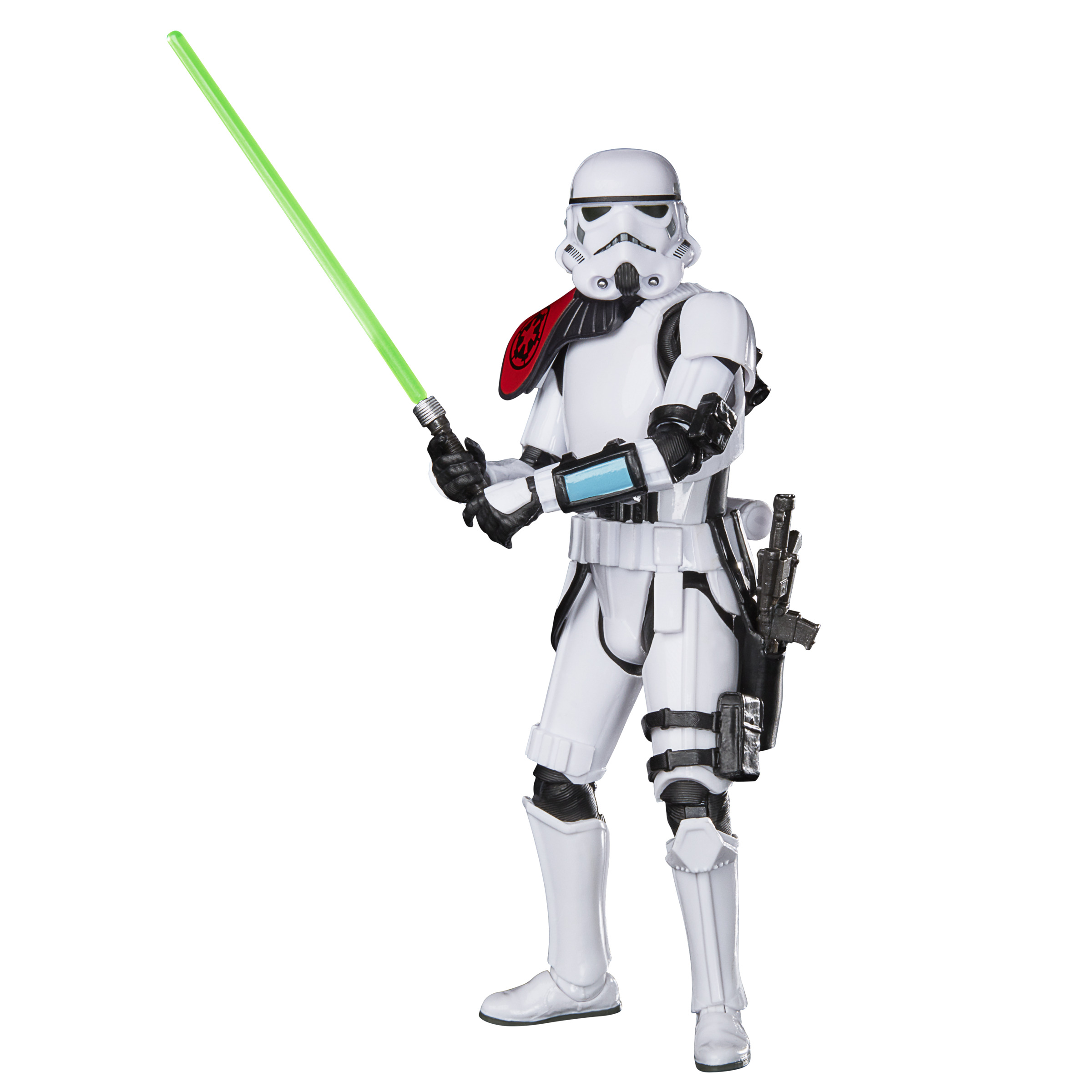 Una figura de acción de stormtrooper con armadura blanca sostiene un sable de luz verde brillante.