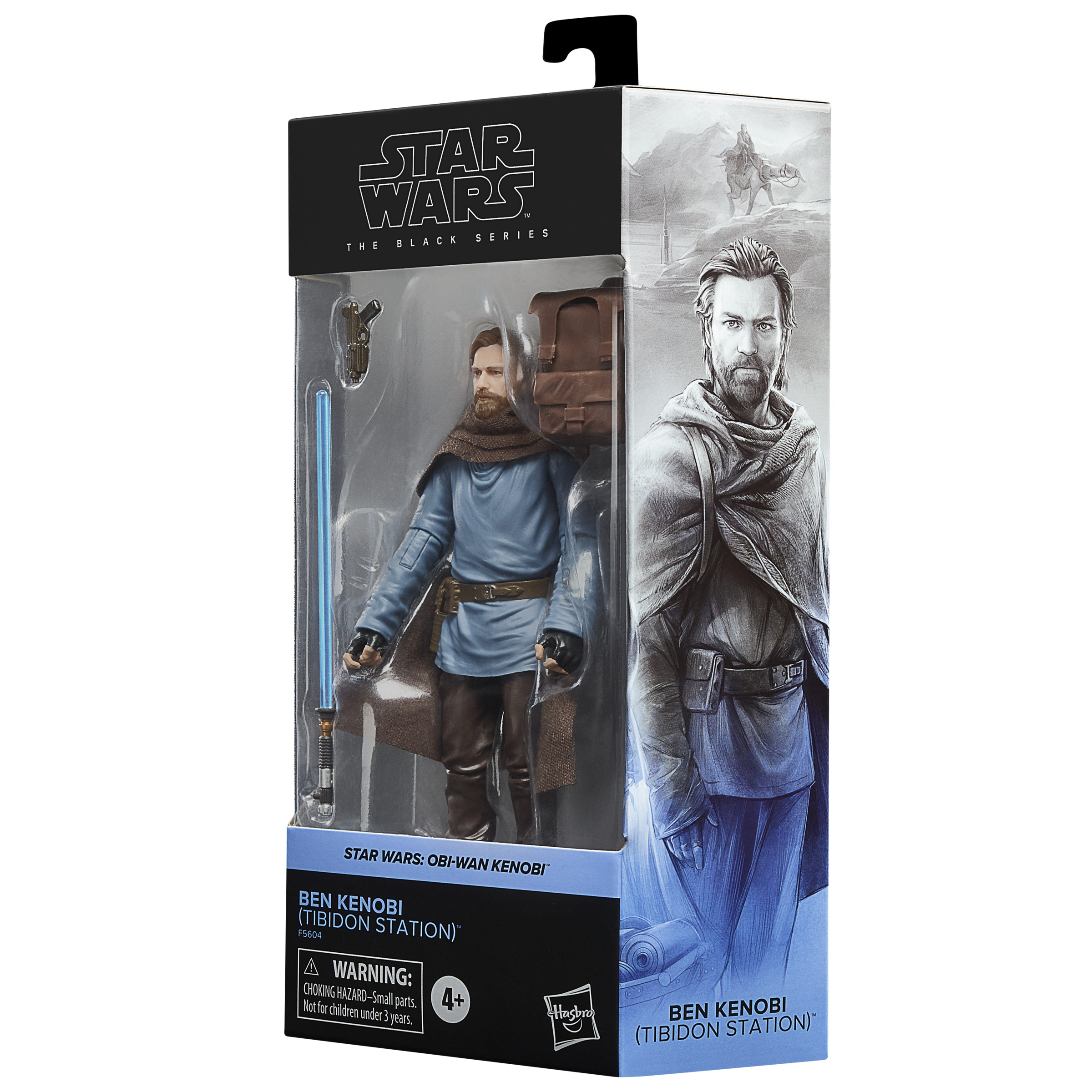 Star Wars action figure in box. Obi-Wan Kenobi figure with lightsaber, brown outfit and beard.