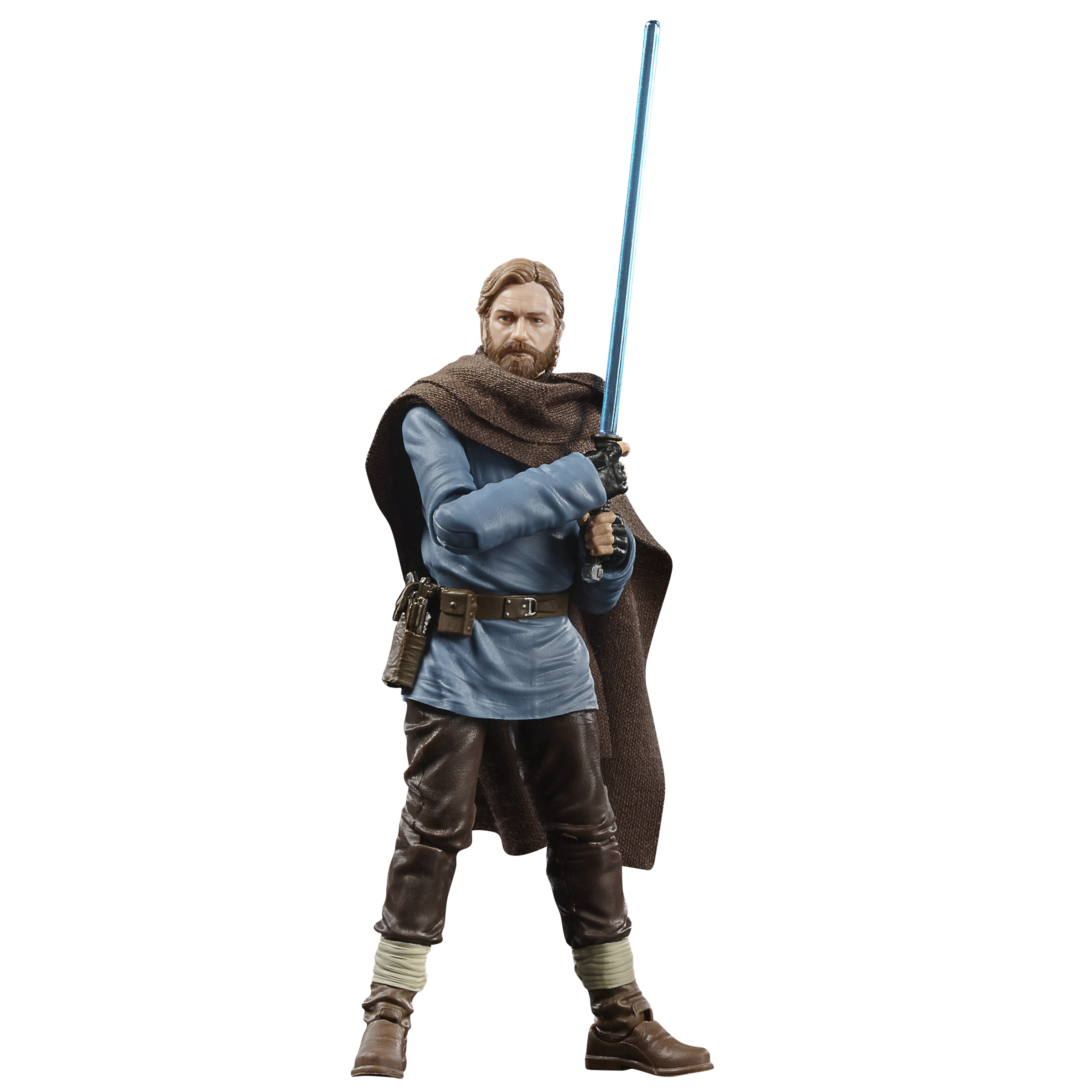 Obi-Wan Kenobi action figure holding a blue lightsaber, wearing a brown cloak, on white background.