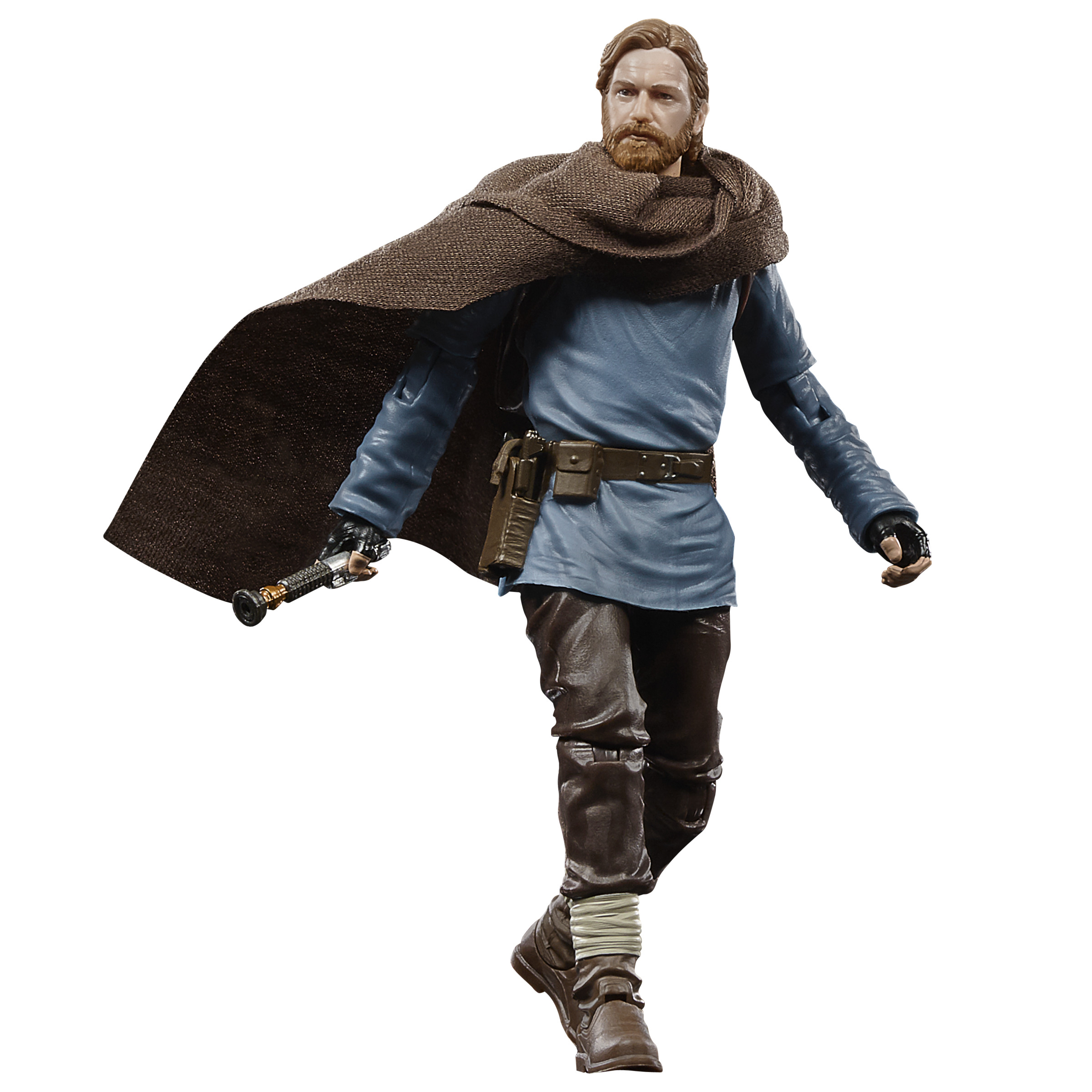 Obi-Wan Kenobi action figure with a lightsaber and brown cloak, walking on white background.