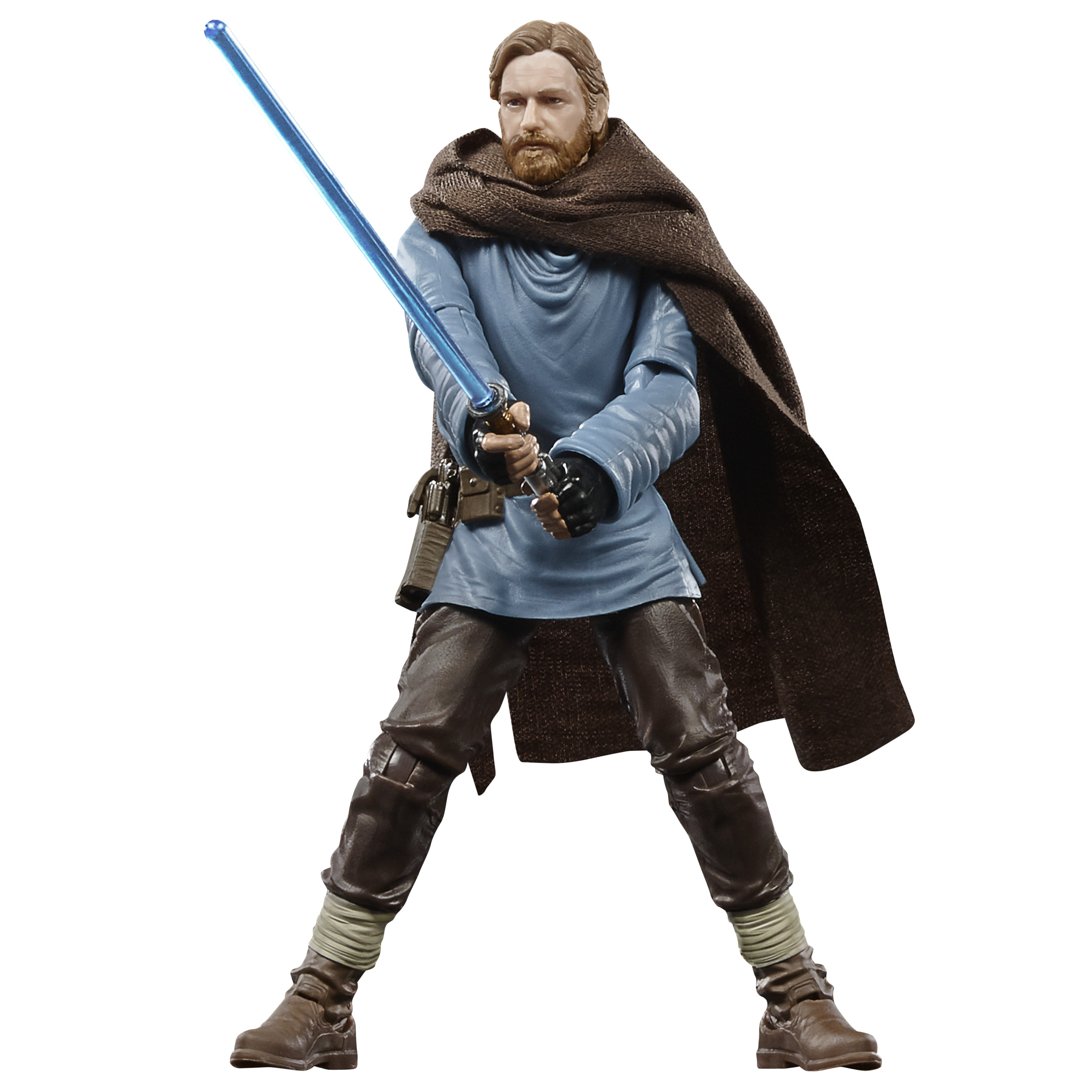 Obi-Wan Kenobi action figure with a lightsaber and brown cloak on white background.