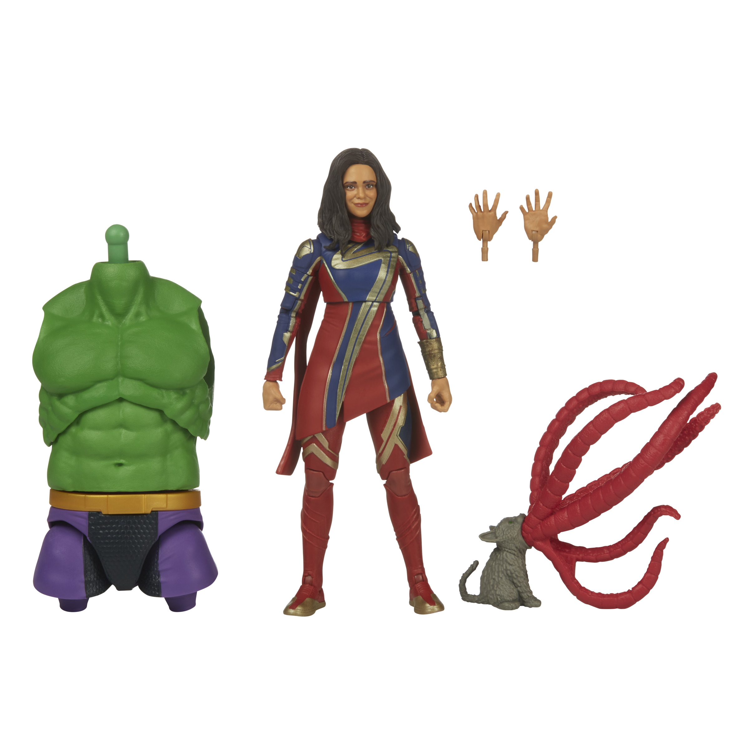 Figura de acción con múltiples accesorios. La figura usa un traje rojo y azul con torso de Hulk.