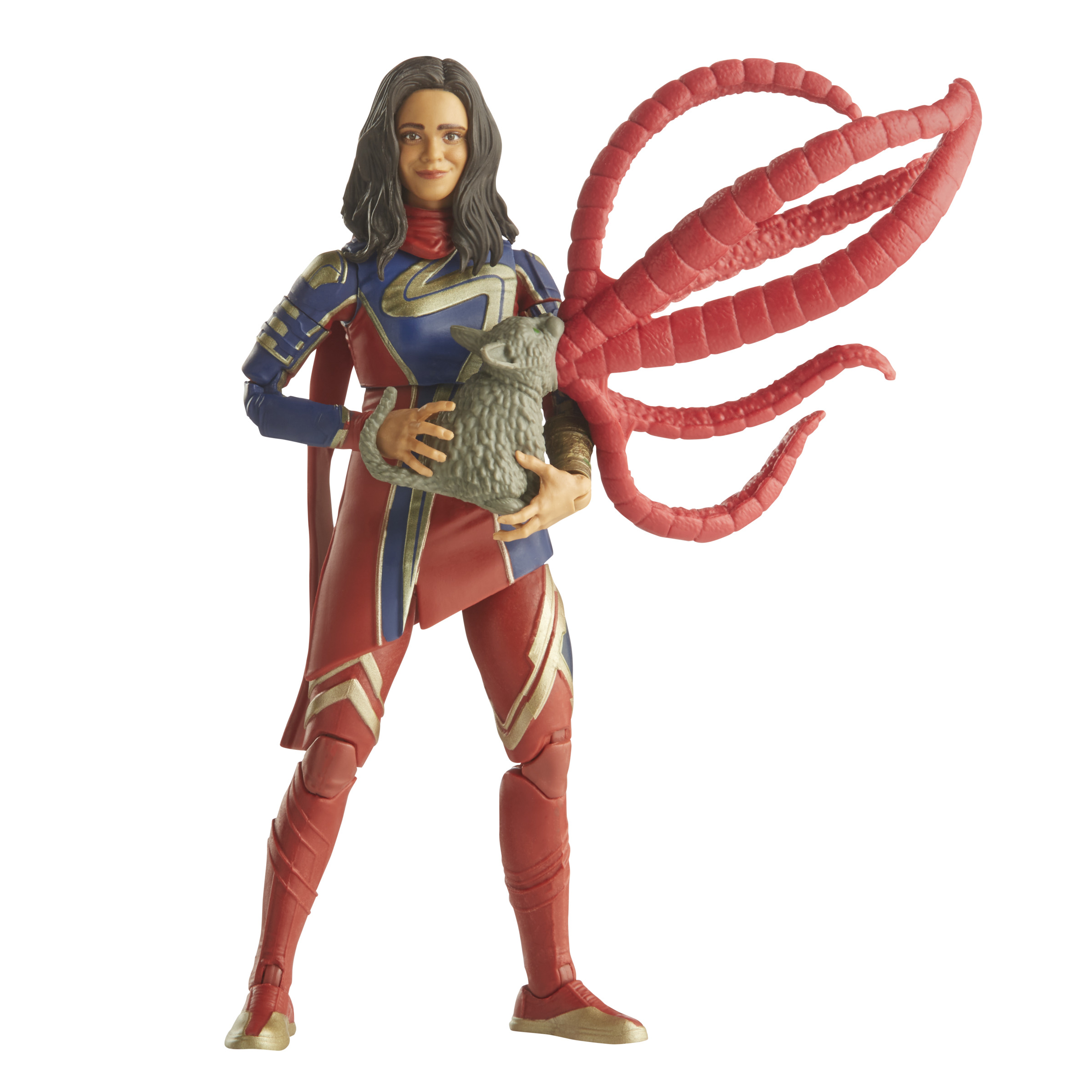 Una figura de acción femenina con traje rojo y azul con un tentáculo rojo a la derecha, sosteniendo una oveja gris y esponjosa.