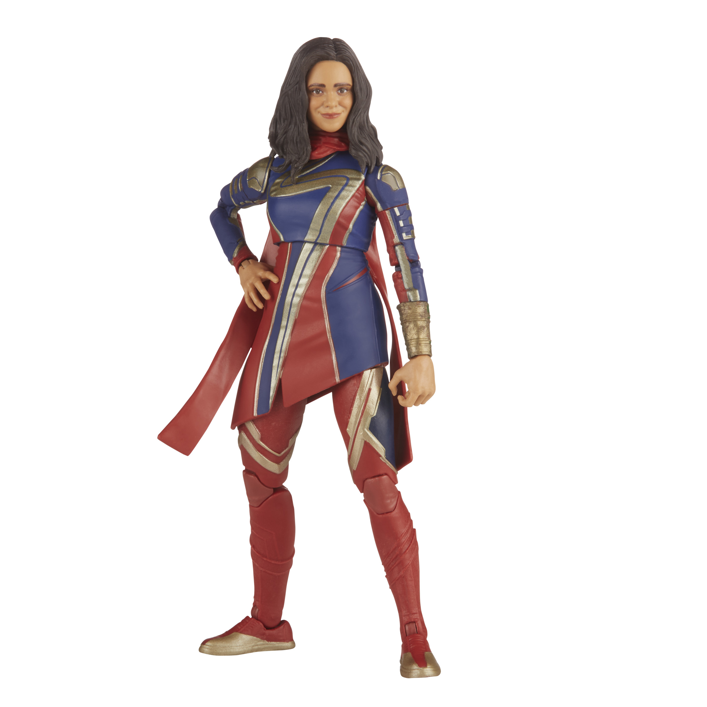 Figura de acción de Ms. Marvel. Traje rojo, azul, dorado con bufanda roja.