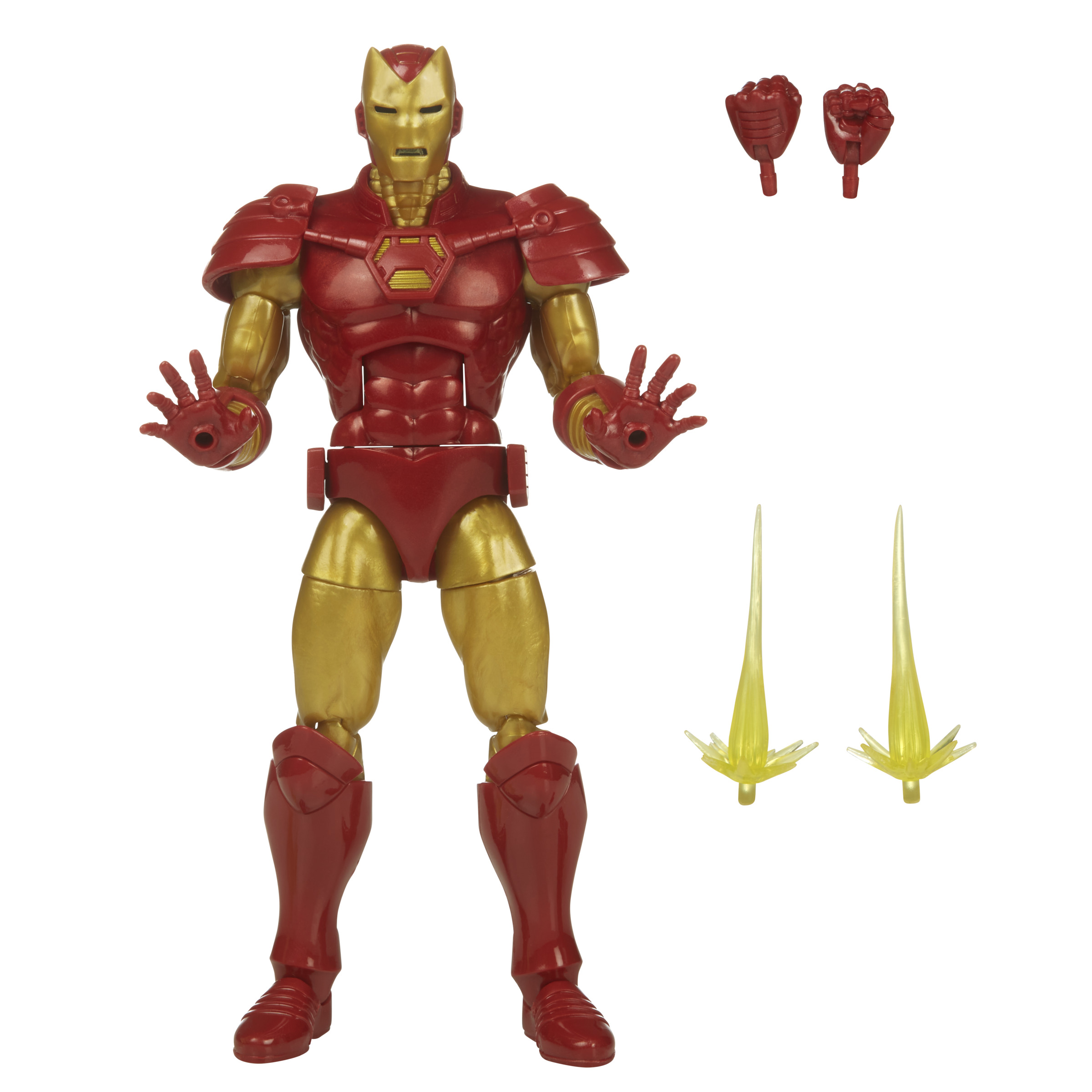 Action figure di Iron Man, armatura rossa e oro, due mani extra e due esplosioni di energia. Sfondo bianco.