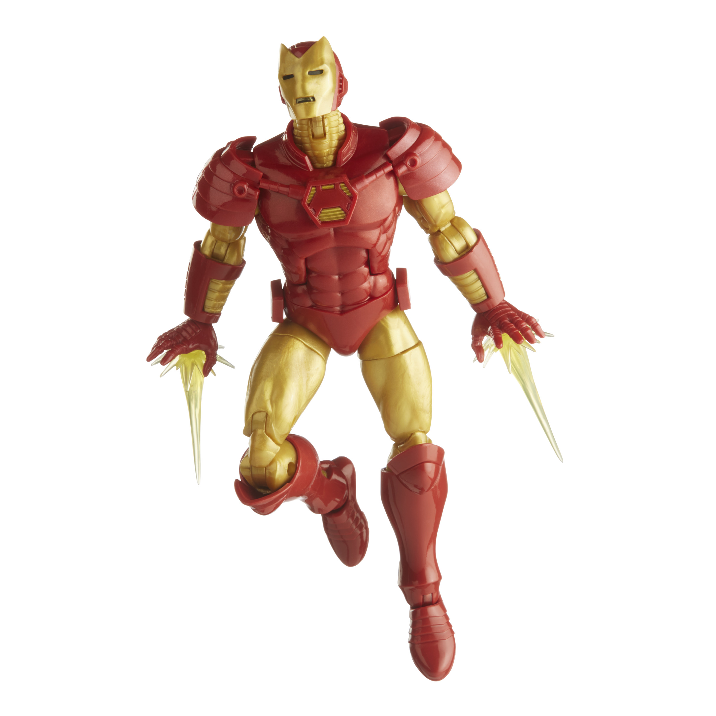 Figura di Iron Man in armatura rossa e oro. Posa in volo con esplosioni di energia. Sfondo bianco.