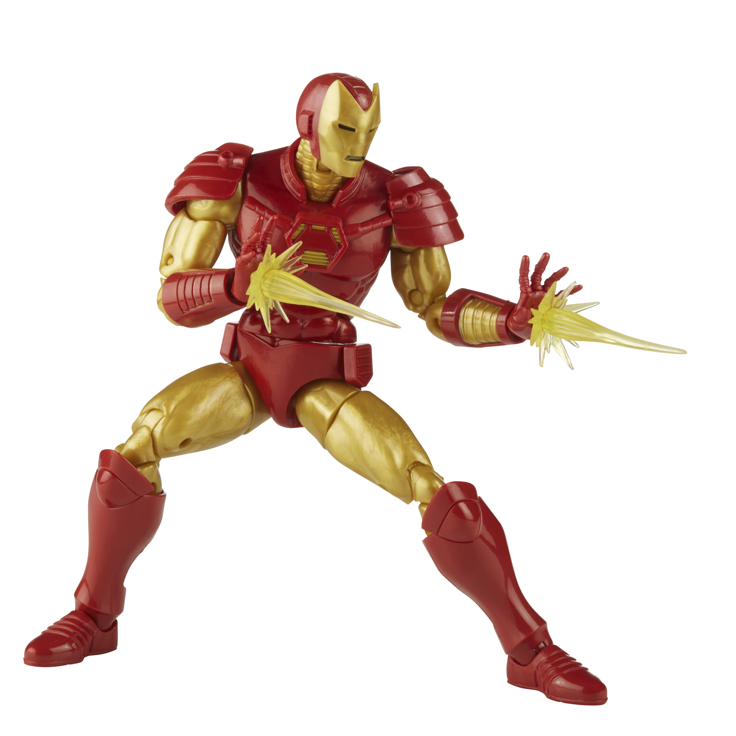 Action figure di Iron Man in posa dinamica. È rosso e oro, con esplosioni di energia dalle mani.