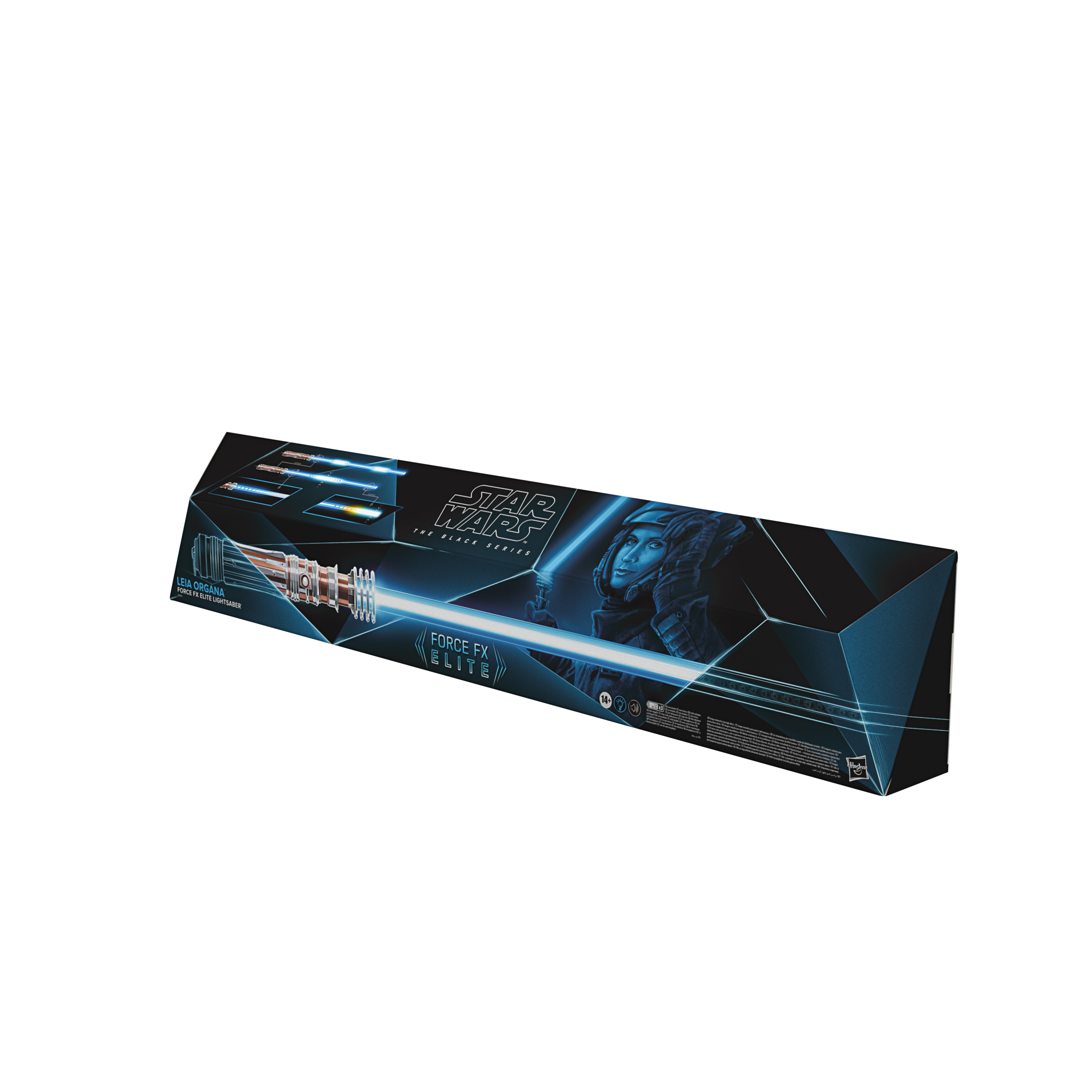 Un paquete de juguetes de sable de luz de Star Wars. La caja tiene un diseño negro, azul y plateado.