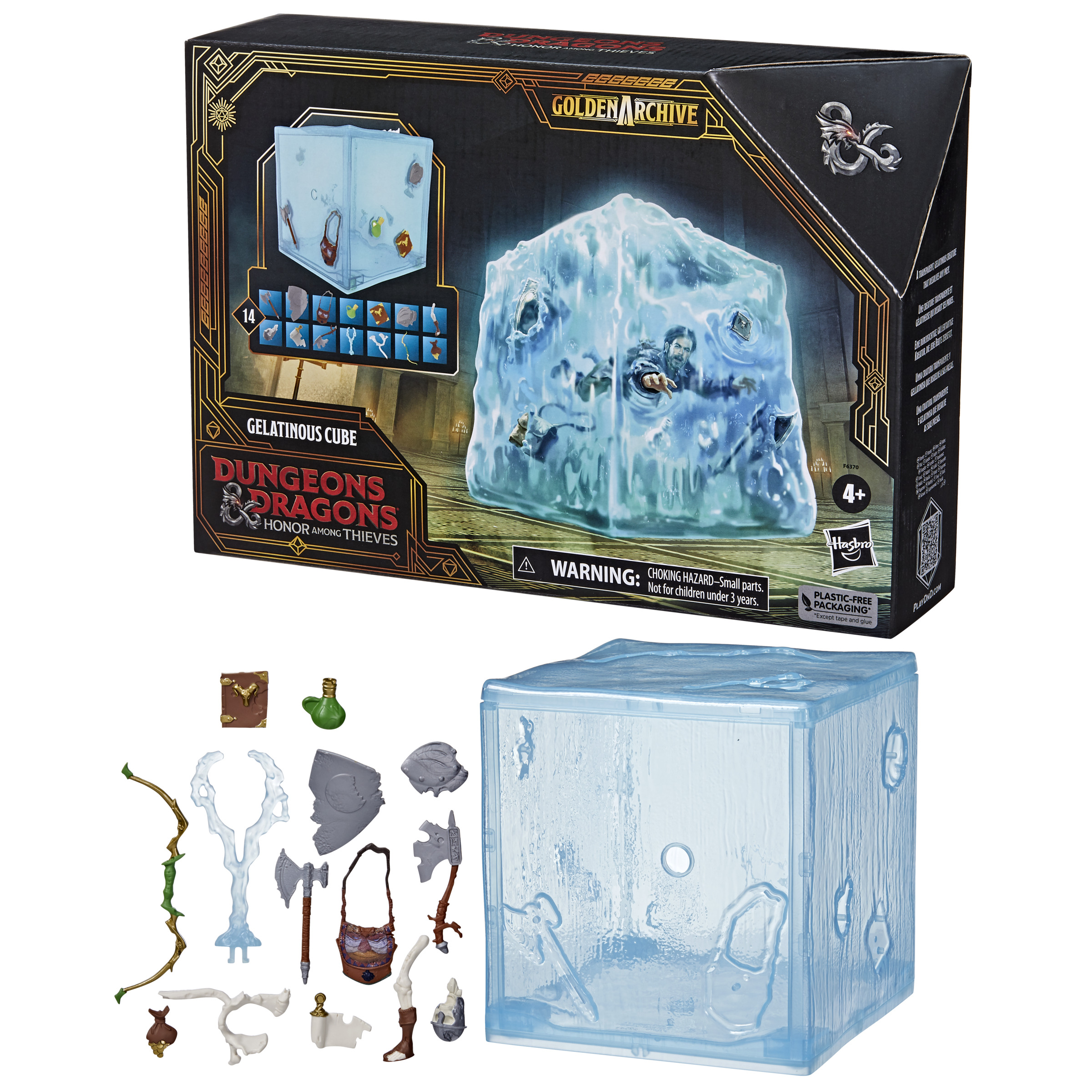 Zestaw pudełkowy Dungeons & Dragons Gelatinous Cube z przezroczystą kostką i miniaturami.