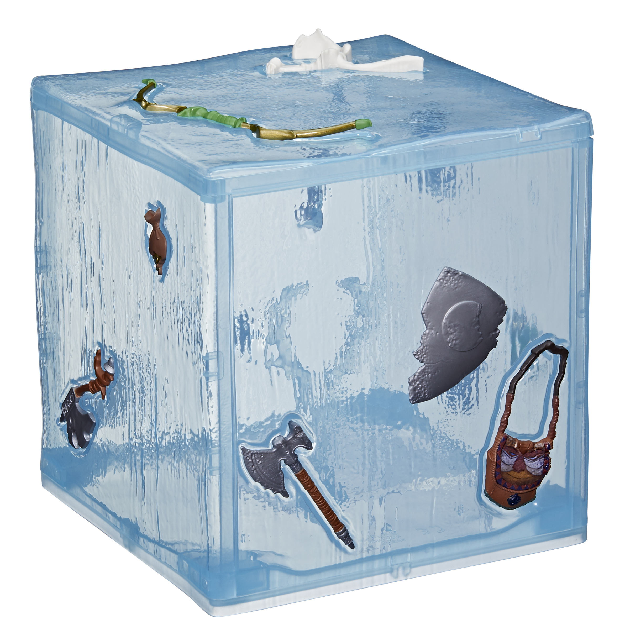 Niebieska zabawka w kształcie kostki z akcesoriami, przypominająca lodową scenę z małymi figurkami.