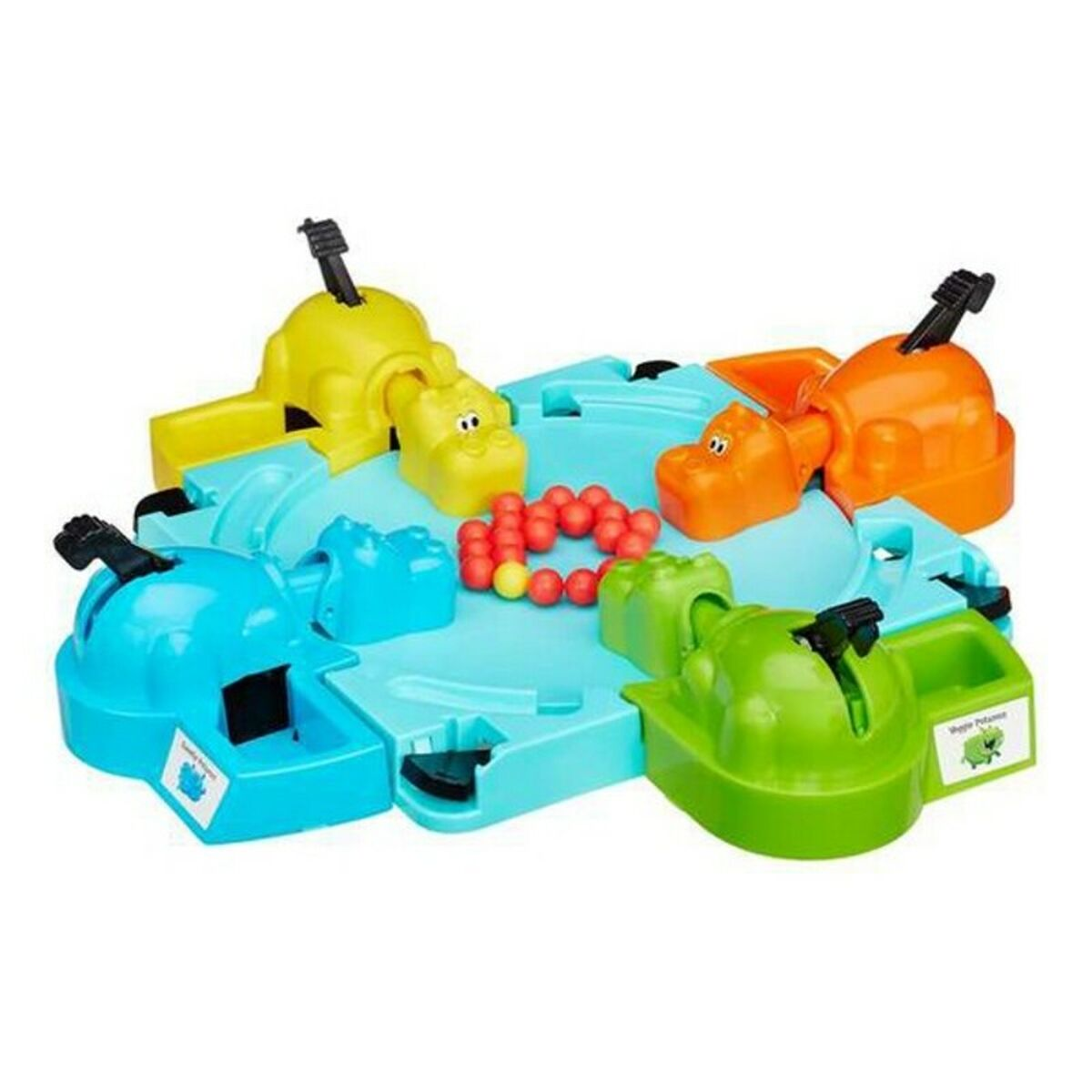 Juego Hungry Hungry Hippos, con cuatro cabezas de hipopótamo y canicas, sobre azul claro.