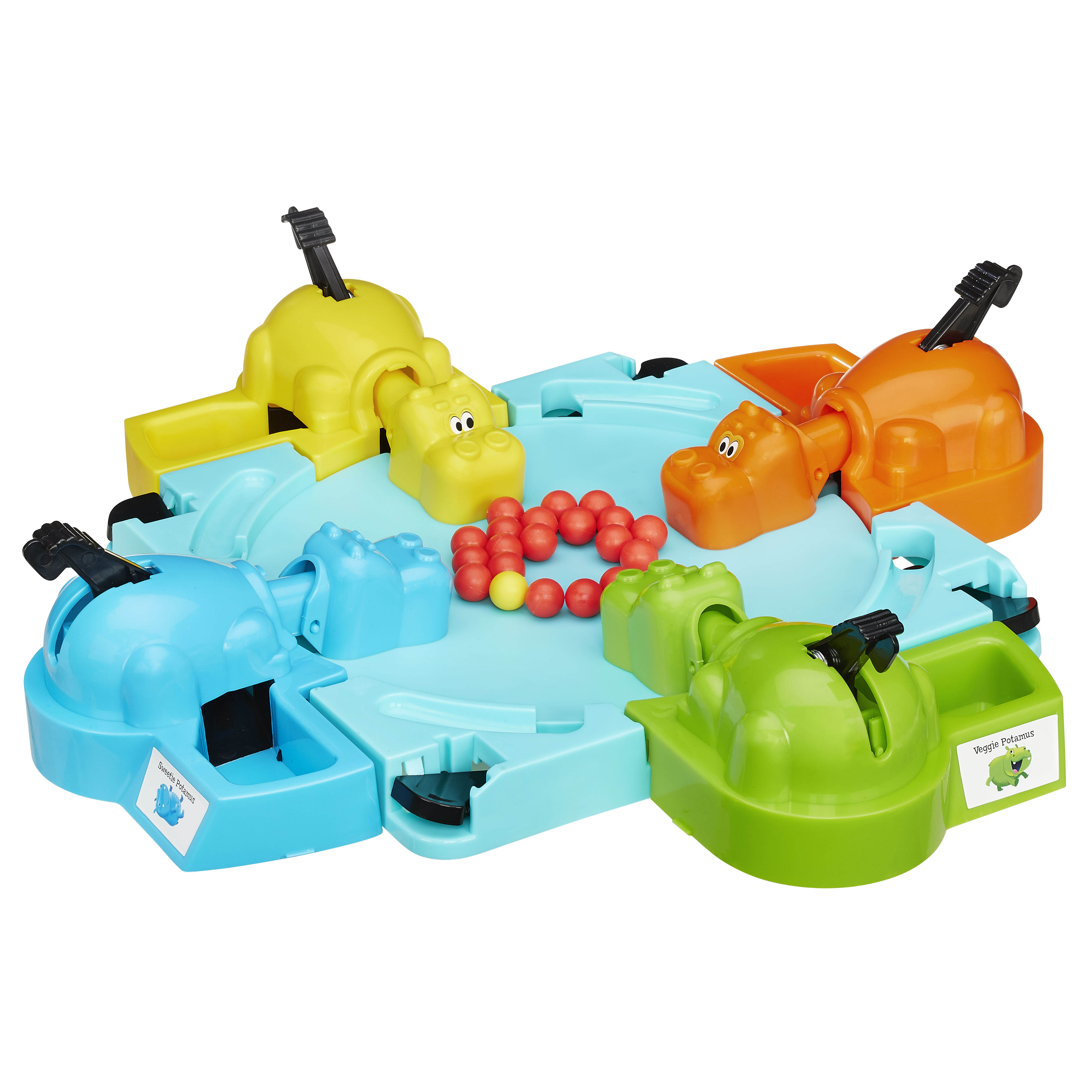 Juego Hungry Hungry Hippos. Cuatro hipopótamos de diferentes colores rodeados de bolas rojas y amarillas.