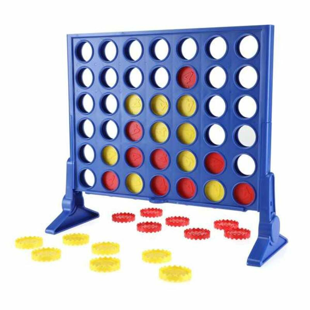 Juego de Conecta 4. Marco azul con agujeros, fichas rojas y amarillas. Algunas fichas están dispersas.