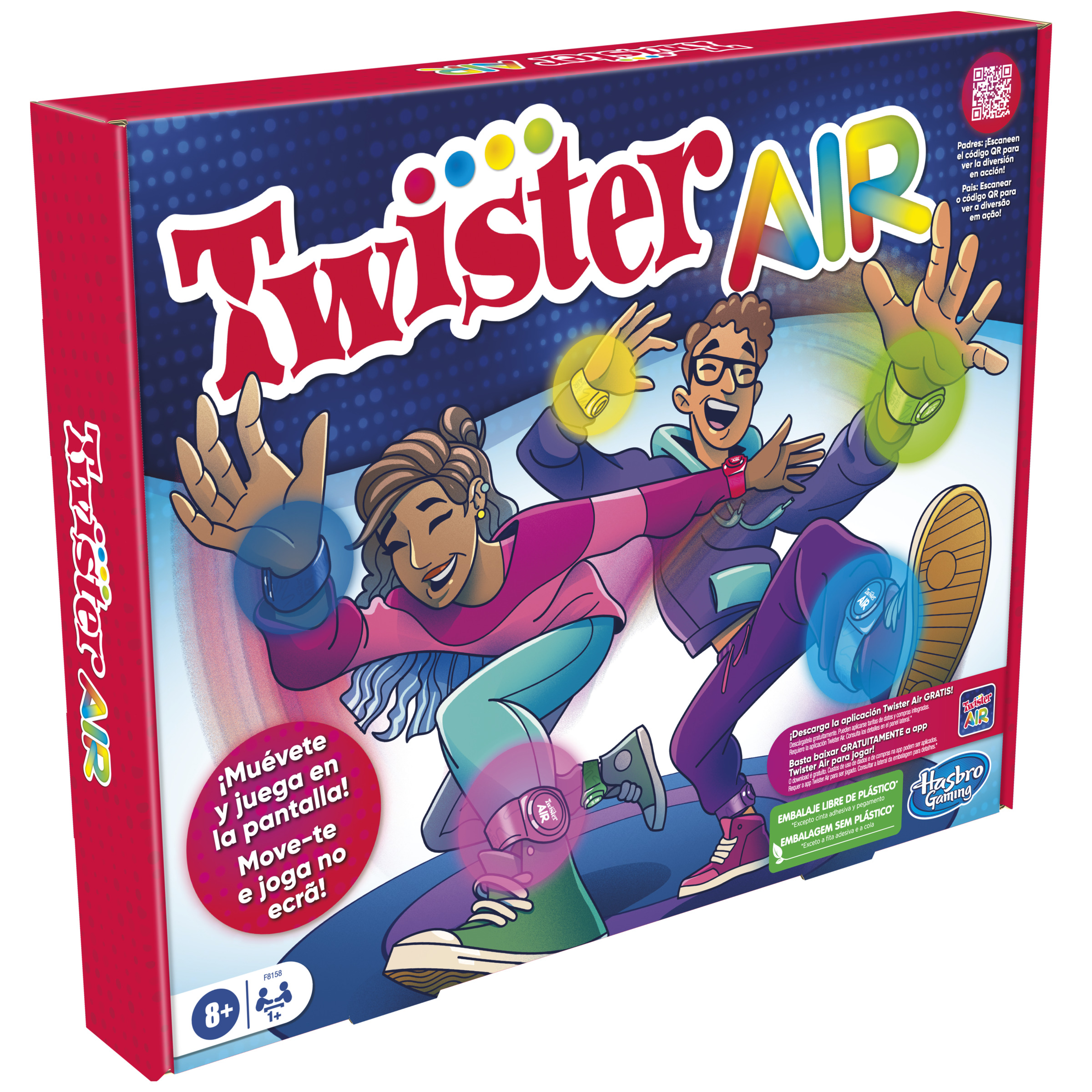 Caja del juego de mesa Twister Air con dos personas jugando, colores brillantes.