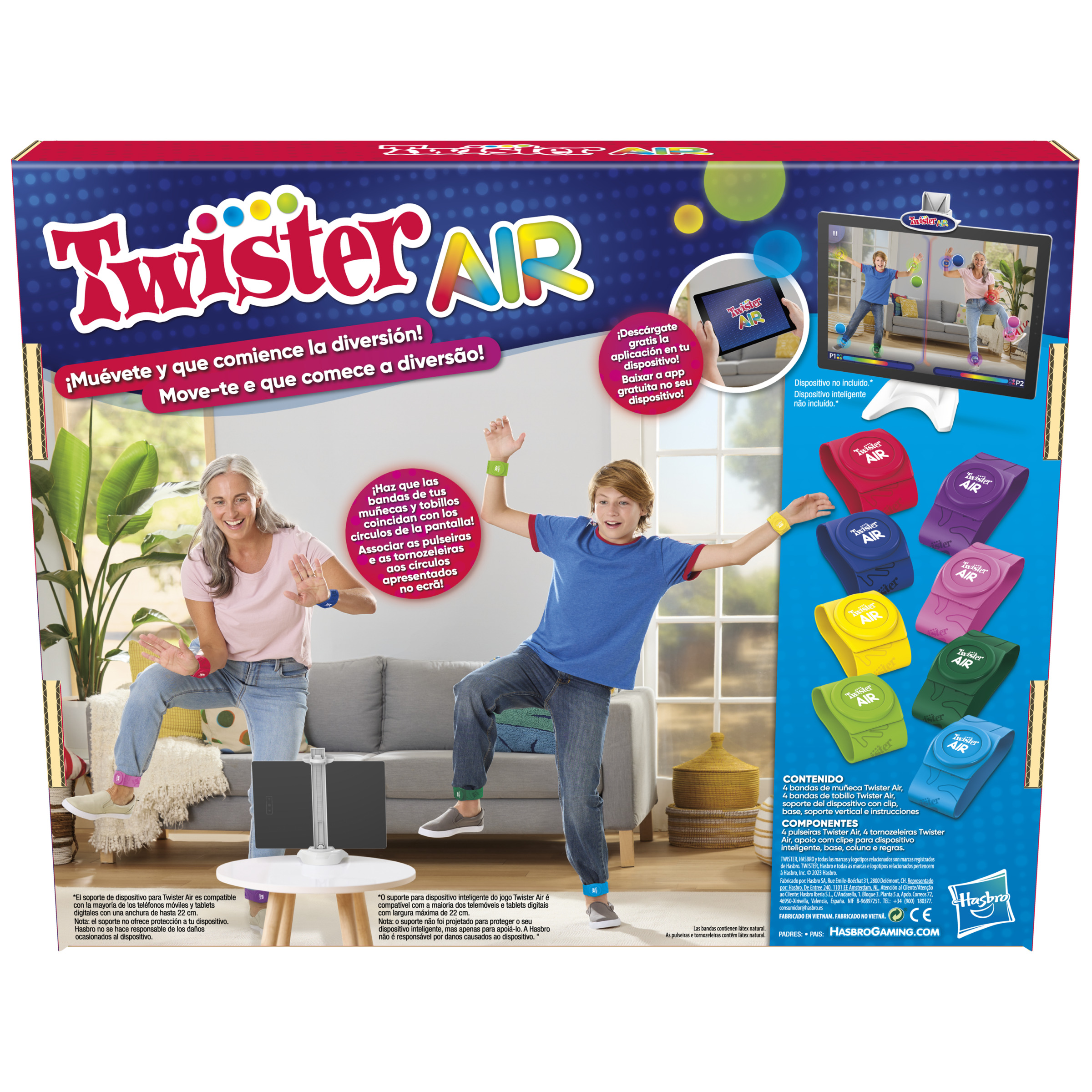 Una caja y componentes del juego Twister Air, con gente jugando y una pantalla digital.
