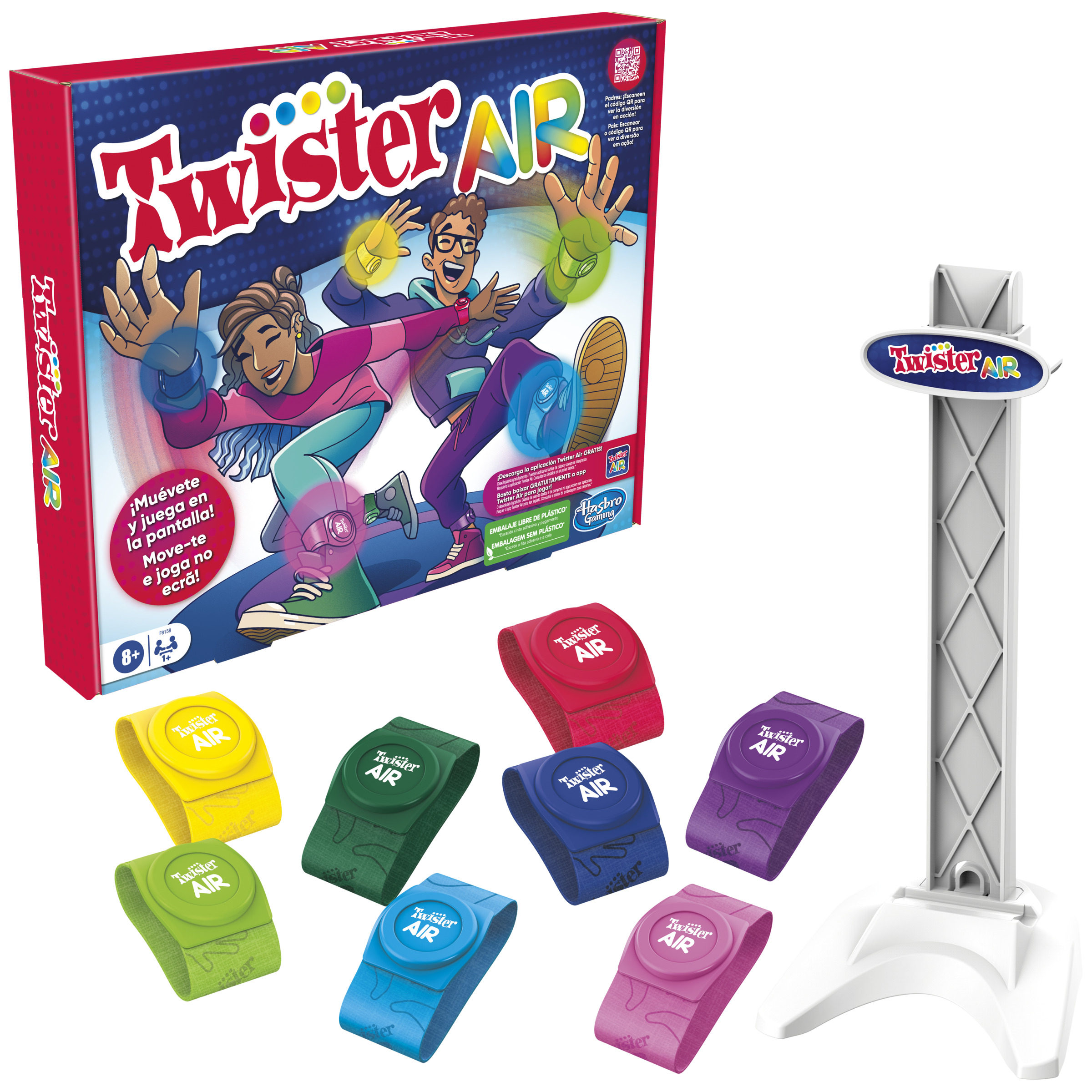 Caja del juego Twister AR con accesorios. Incluye bandas, soporte e instrucciones. Blanco.