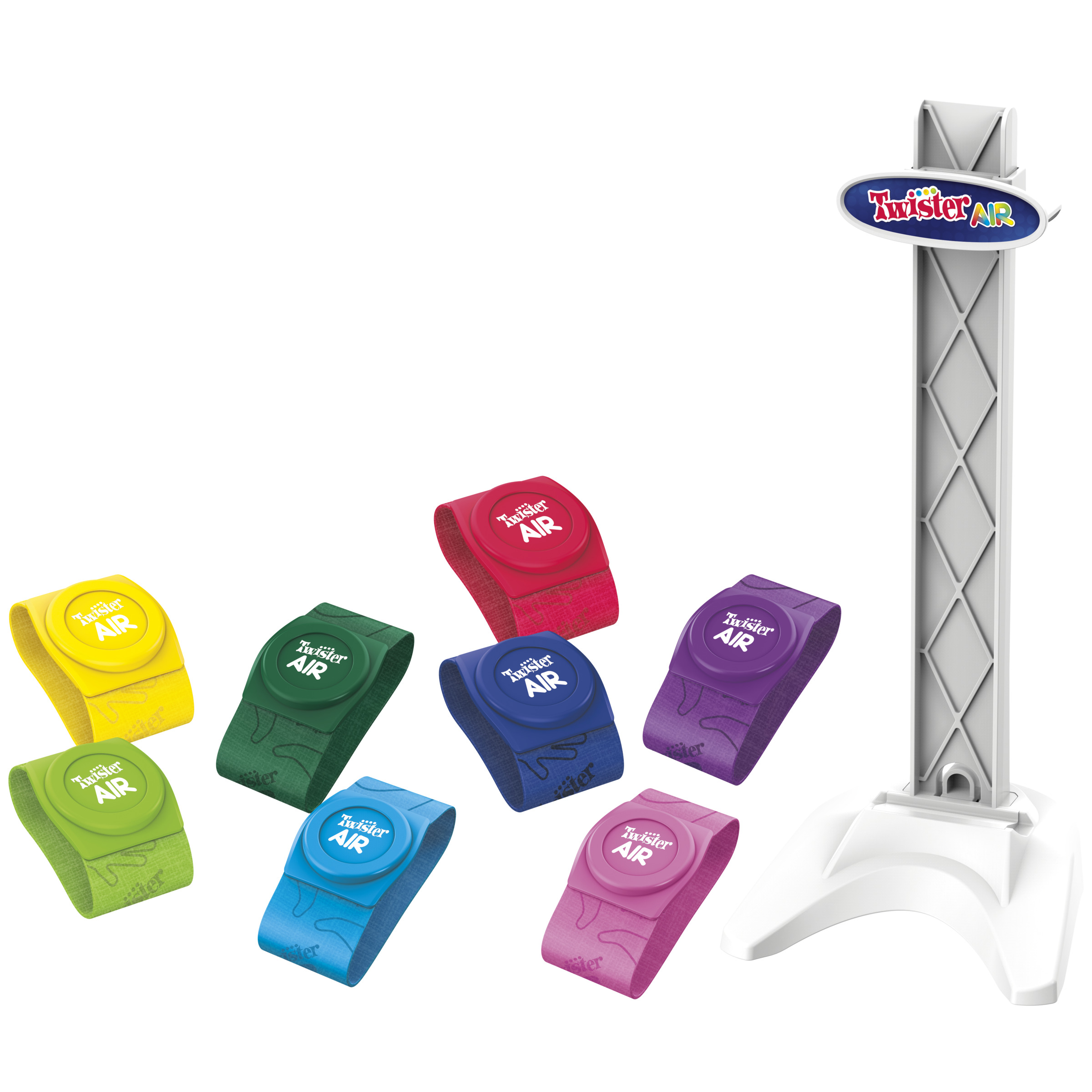 Juego Twister Air. Incluye pulseras de colores, una base y un soporte con el logotipo del juego.