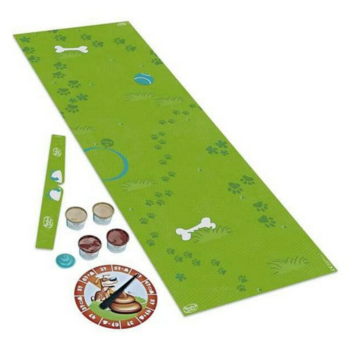 Juego para perros con una alfombra verde, huesos, una rueda y cuencos de comida.