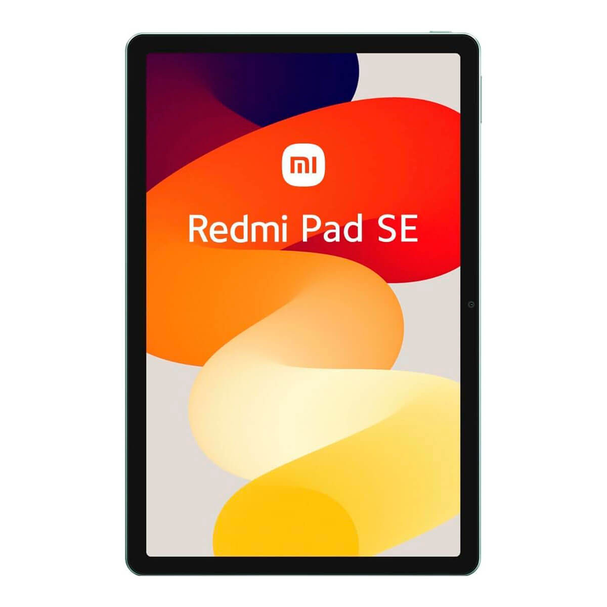 Ein schwarzes Tablet mit grünem Rahmen. Der Bildschirm zeigt eine farbenfrohe Redmi Pad SE Grafik.