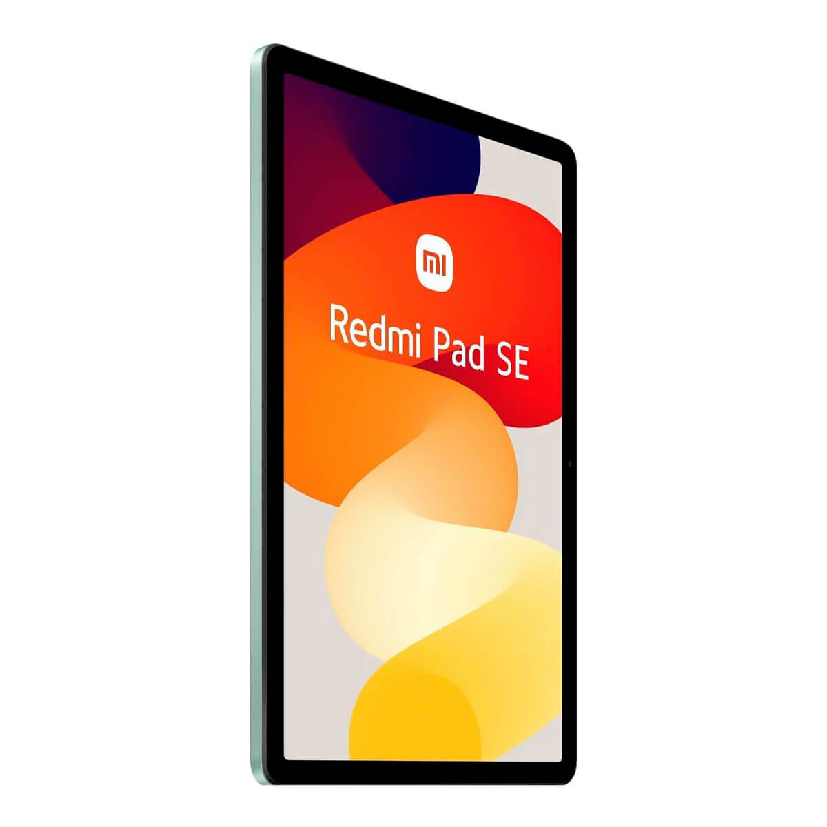 Redmi Pad SE Tablet, aufrecht stehend. Der Bildschirm zeigt ein farbenfrohes abstraktes Design mit Text.