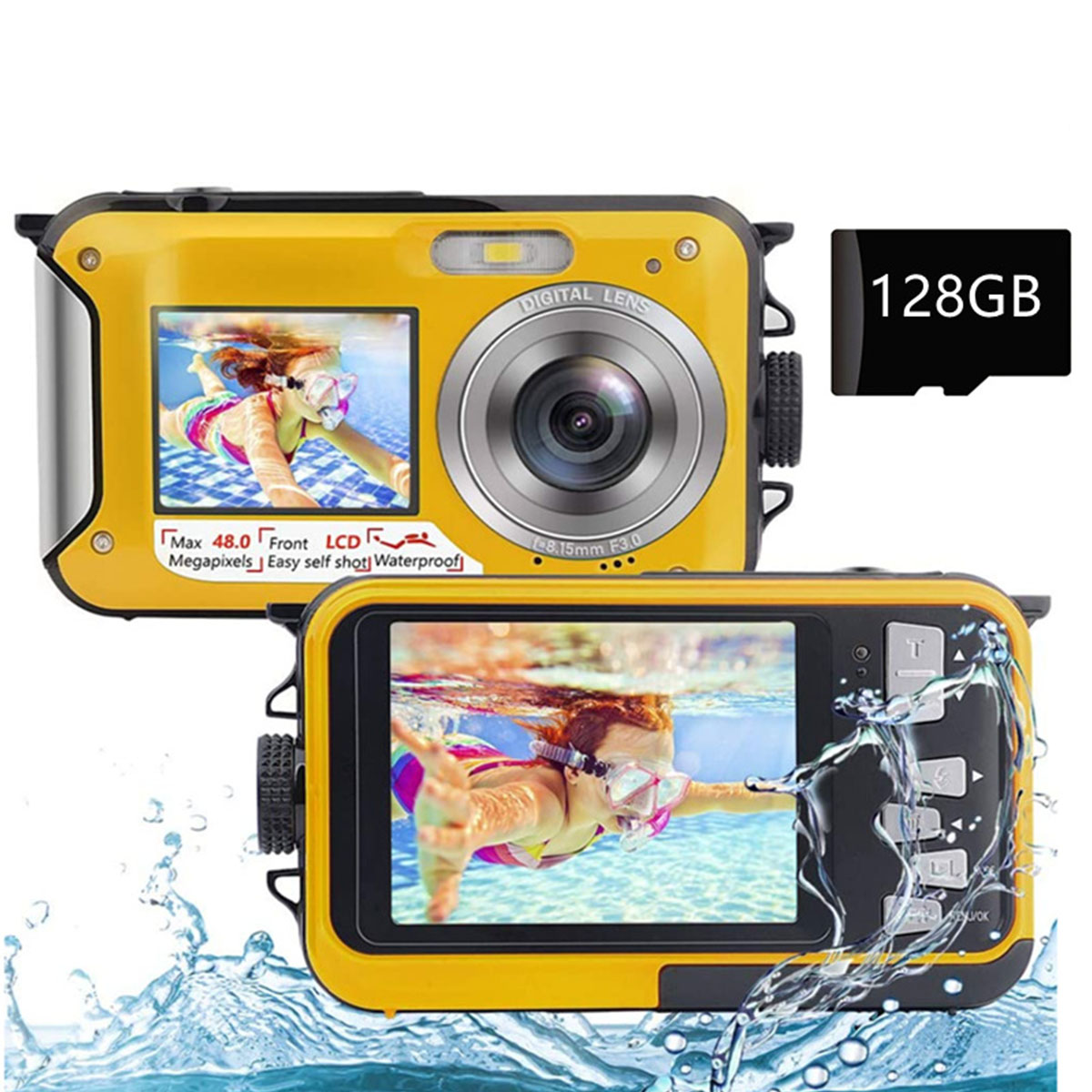 Gelbe wasserdichte Kamera mit Bildschirm mit Schwimmer und 128GB SD-Karte.