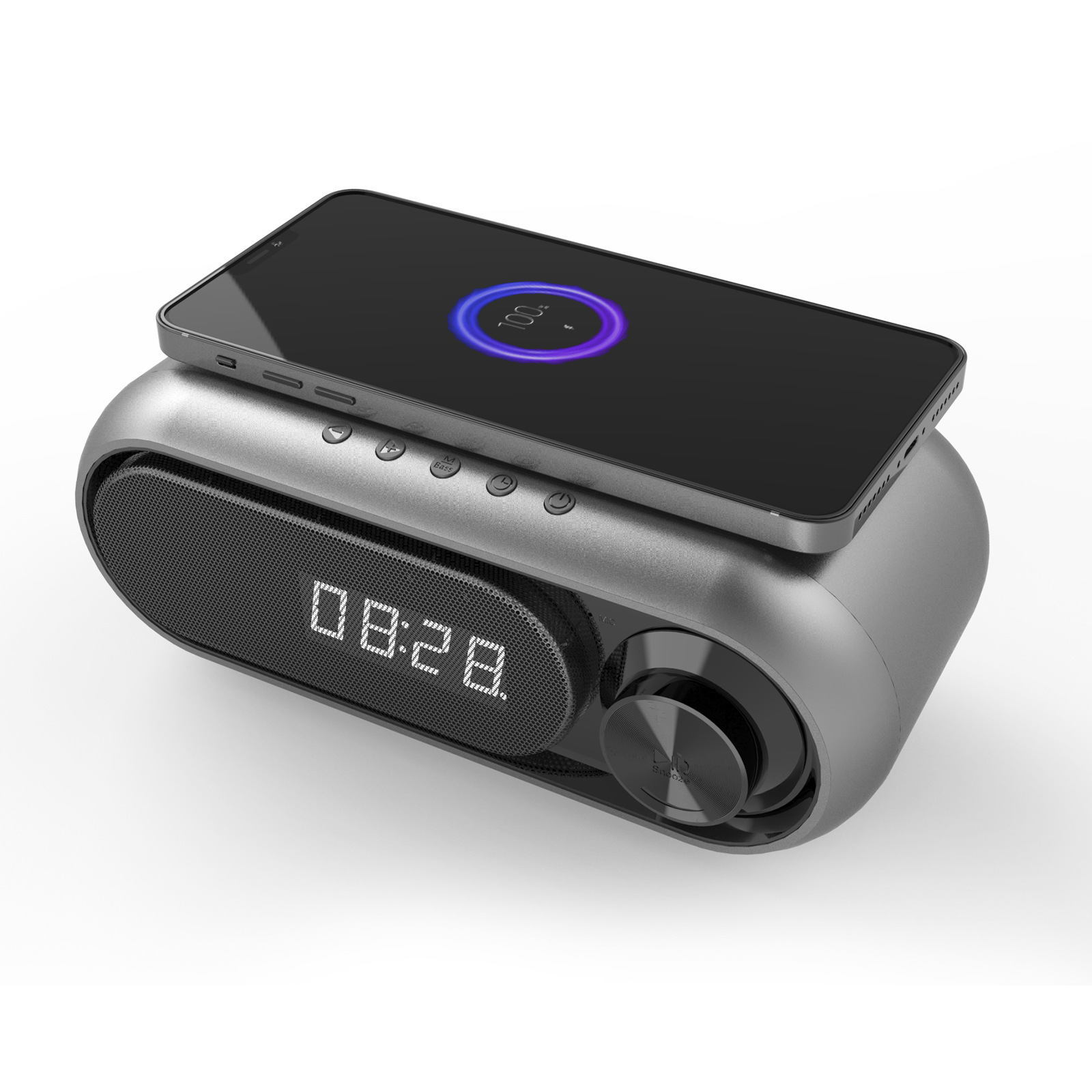 Lautsprecher, Grau mit Wecker Bluetooth-Lautsprecher Drahtloses Ladegerät Bluetooth und BRIGHTAKE