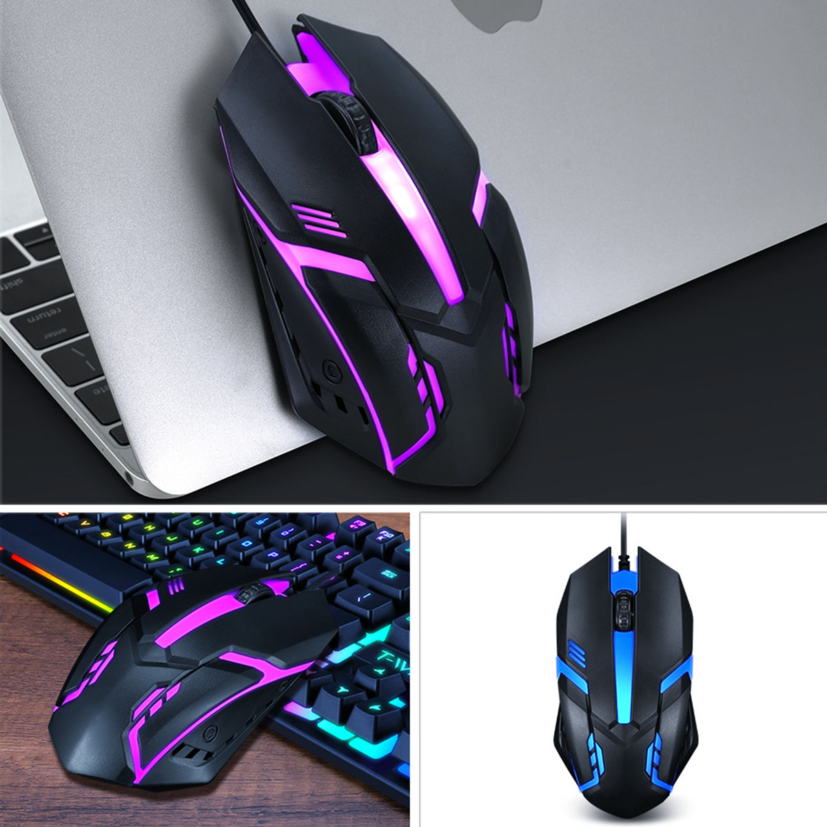 Eine schwarze Gaming-Maus mit rosa und blauen Lichtern neben einer Tastatur und einem Laptop.