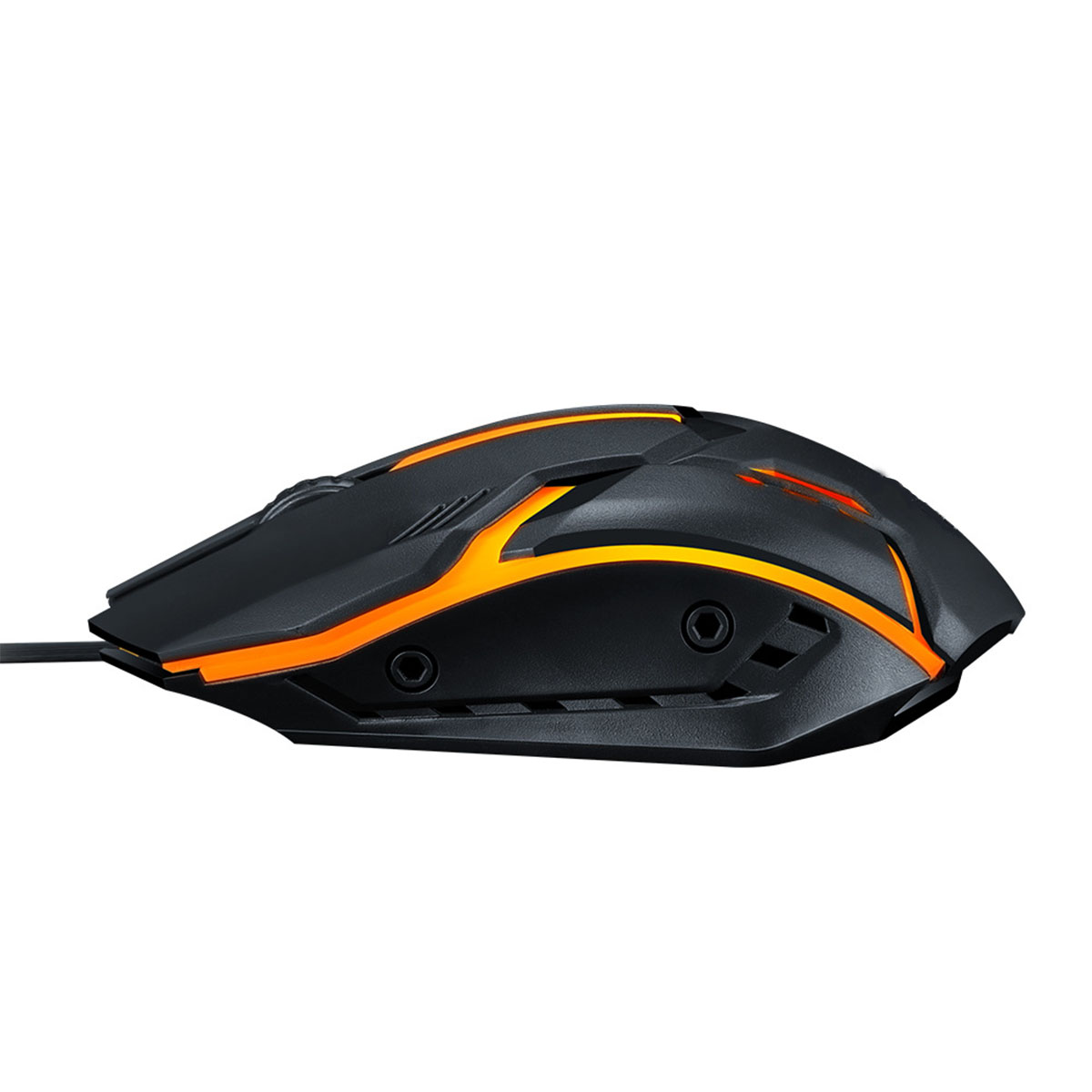 Eine schwarze Gaming-Maus mit orangefarbenen Akzenten, beleuchtet, mit Kabel. Schräge Ansicht.
