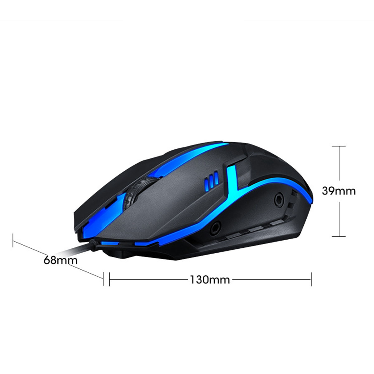 Schwarz-blaue Gaming-Maus mit Maßen. Mit Kabel.