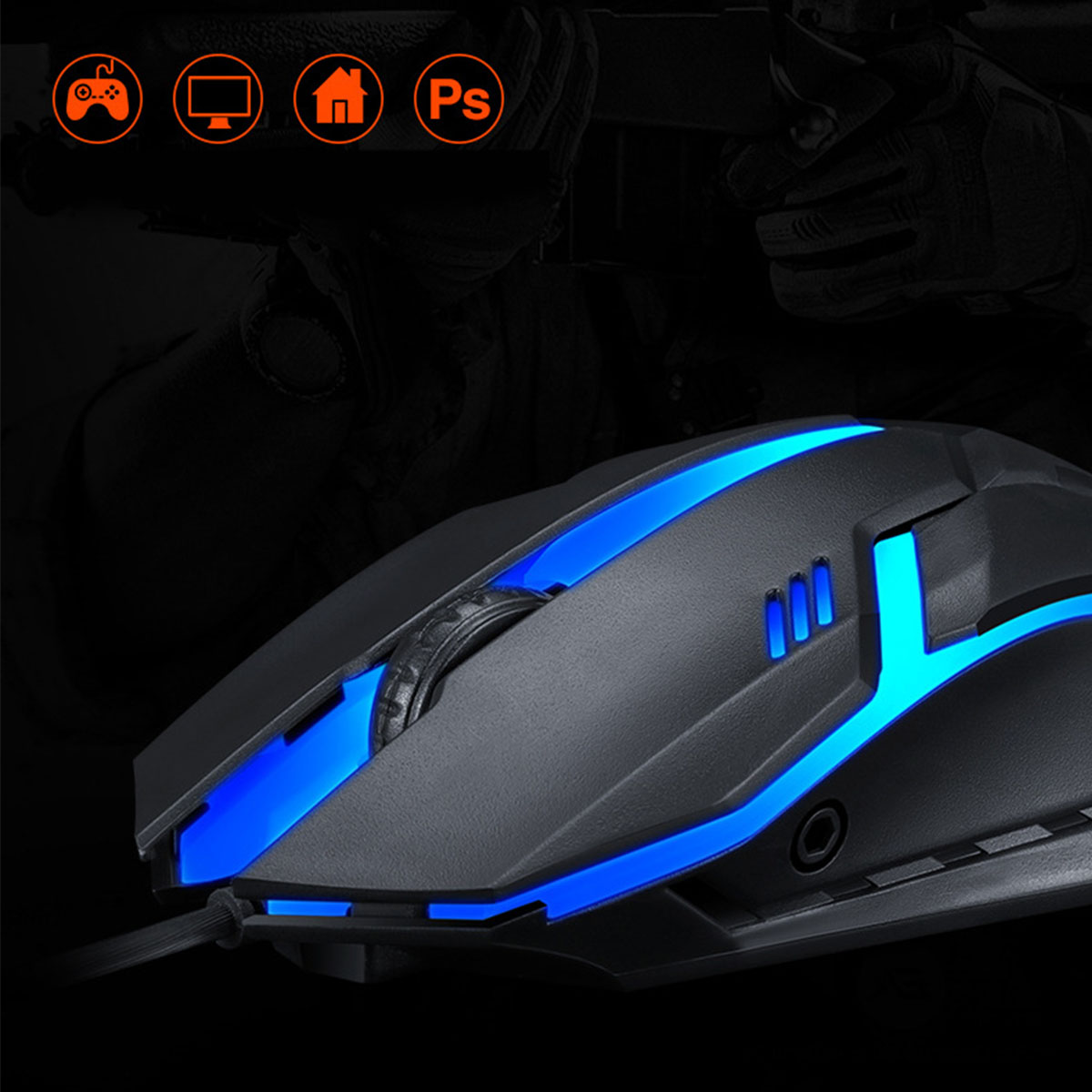 Eine schwarze Gaming-Maus mit blauen Akzenten, beleuchtet, mit Kabel. Die Symbole sind sichtbar.