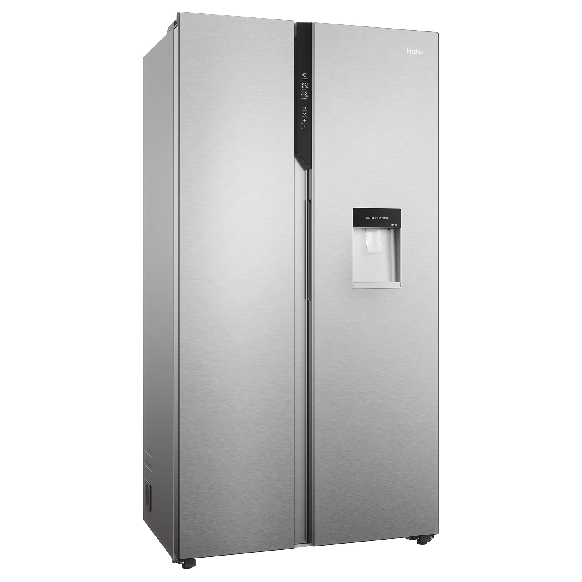 Ein Side-by-Side-Kühlschrank aus Edelstahl mit Wasserspender. Er steht auf weißem Hintergrund.