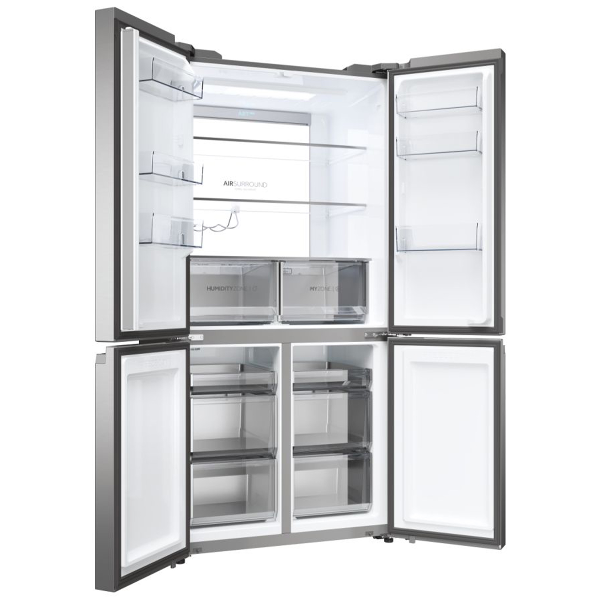 Edelstahl-Viertür-Kühlschrank, offen. Innenregale, Schubladen und Etiketten. Weißer Hintergrund.