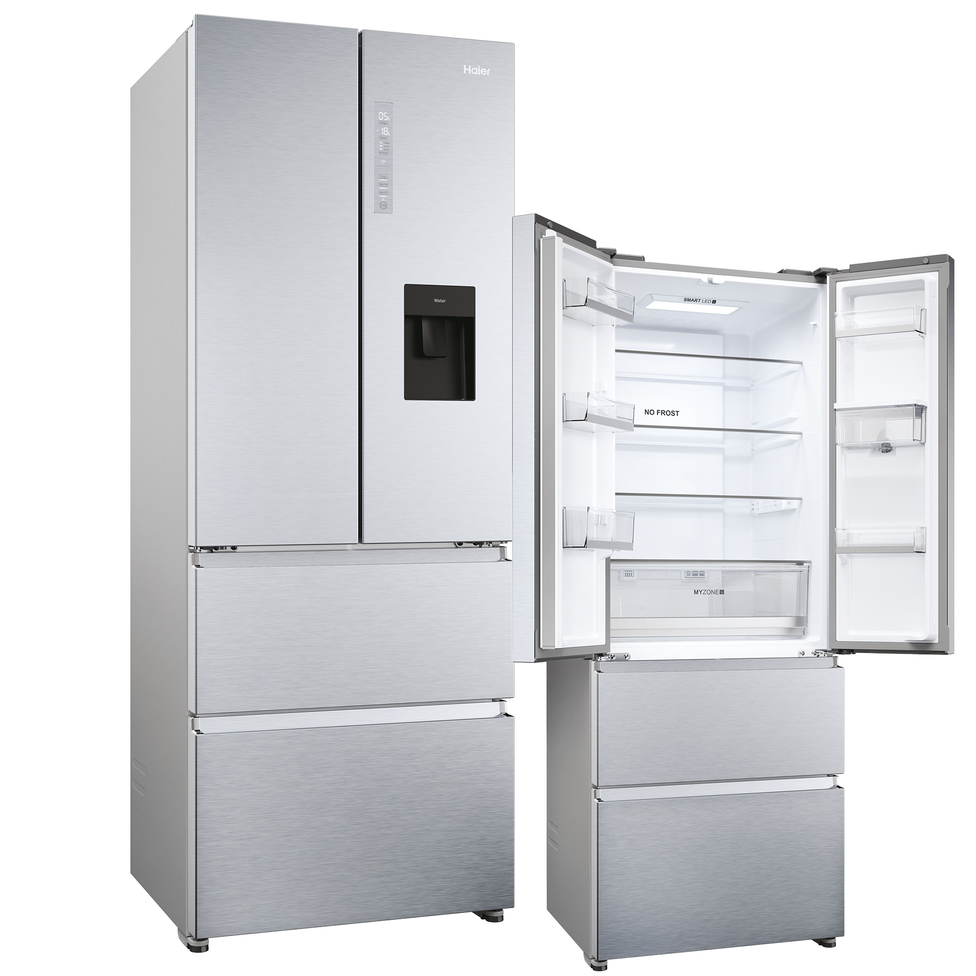 Srebrna lodówka Haier z trzema drzwiami i dwiema szufladami. Jedne drzwi są otwarte, pokazując półki i schowki.