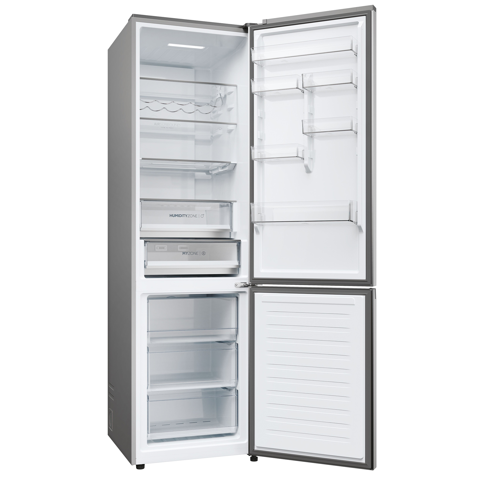 Un refrigerador plateado con las puertas abiertas. Tiene varios estantes y cajones, y está vacío.