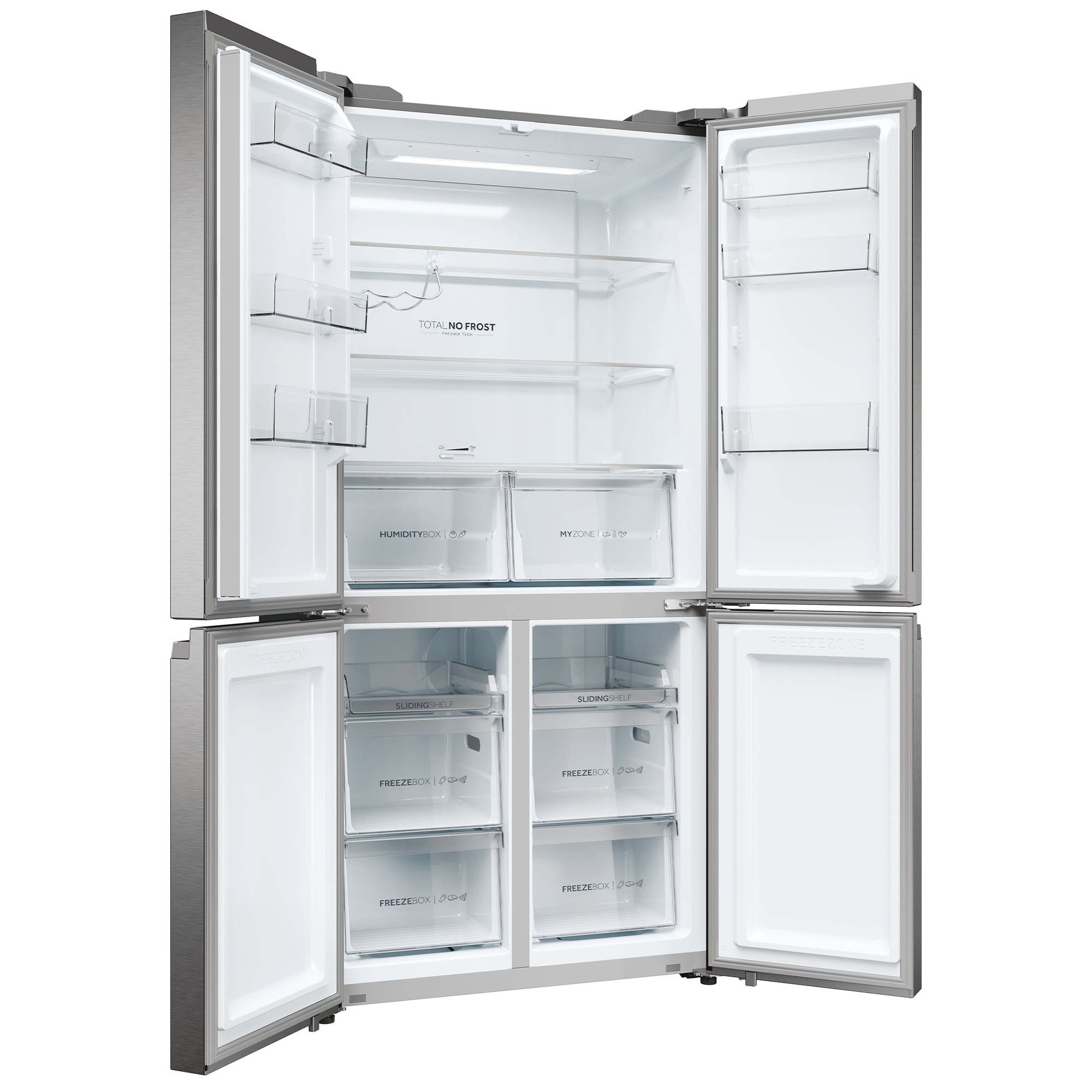 Un refrigerador de acero inoxidable con las puertas abiertas, que muestra estantes y cajones.