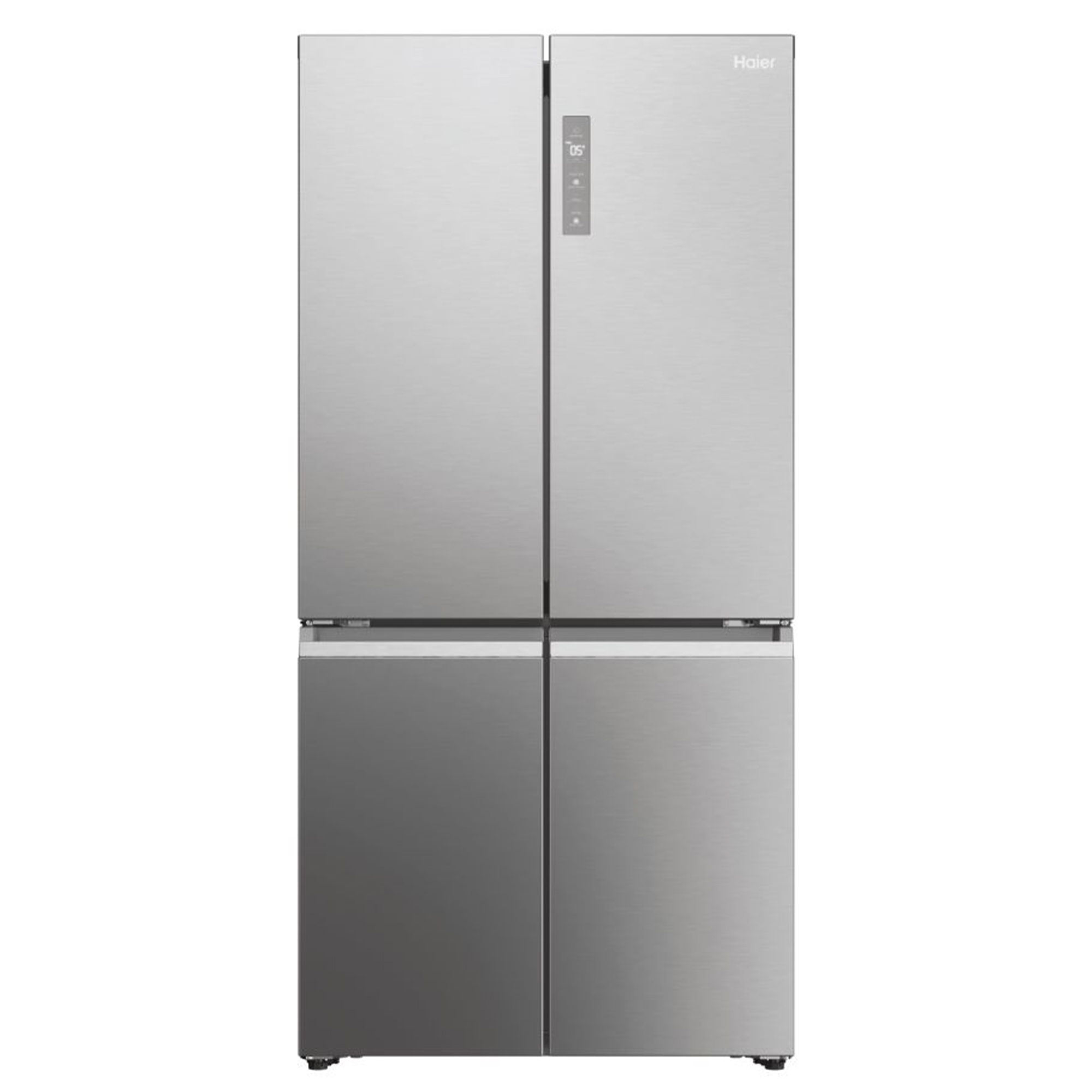 Silberfarbener Haier-Kühlschrank mit vier Türen. Er hat ein elegantes, modernes Design und einen Griff.