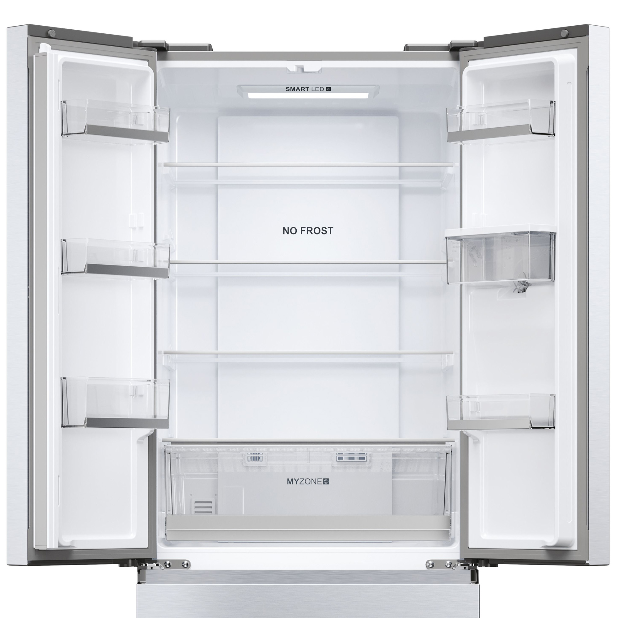 Otwarta lodówka z półkami i szufladami, podświetlane wnętrze, z etykietą 'No Frost'.