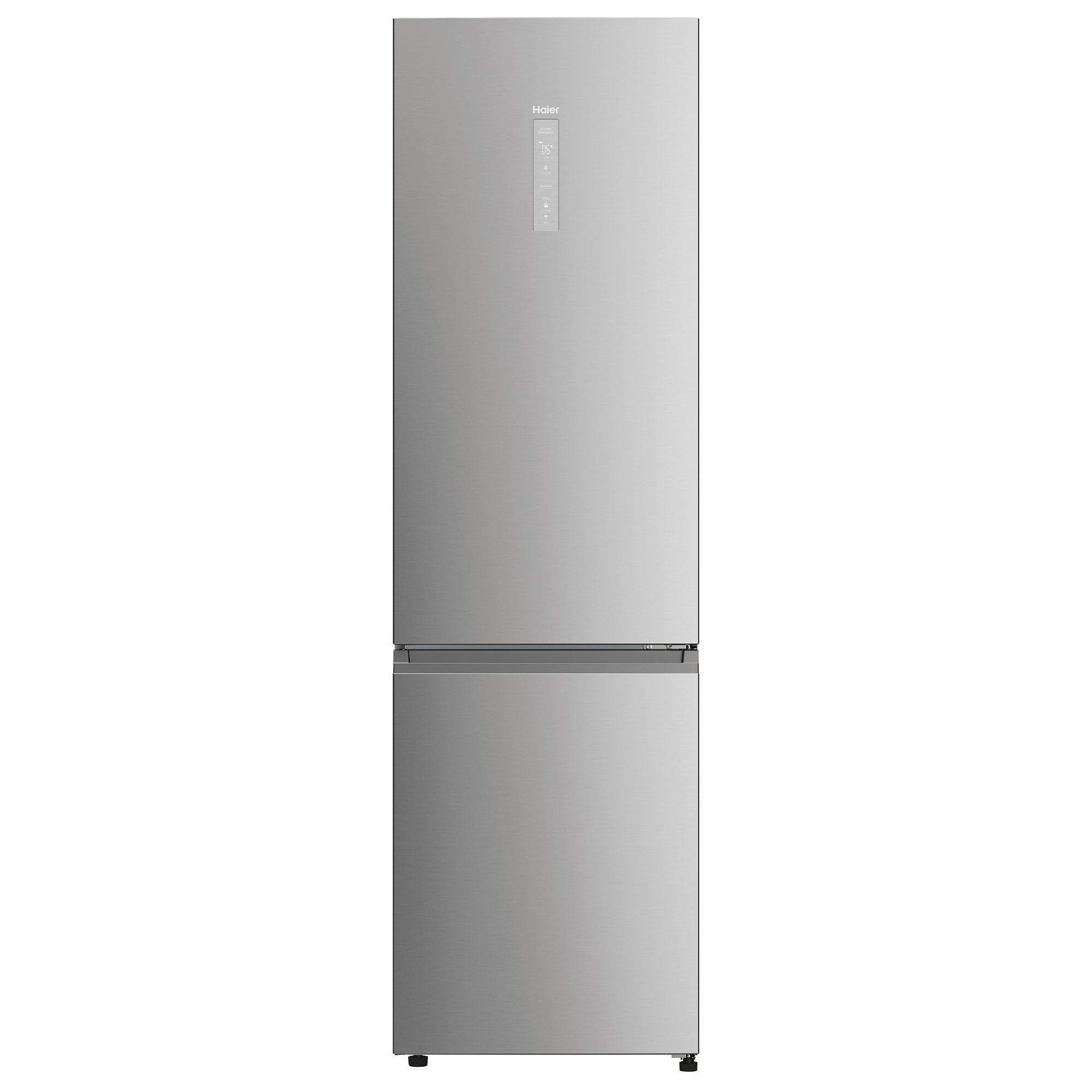 Un refrigerador Haier plateado con dos puertas.
