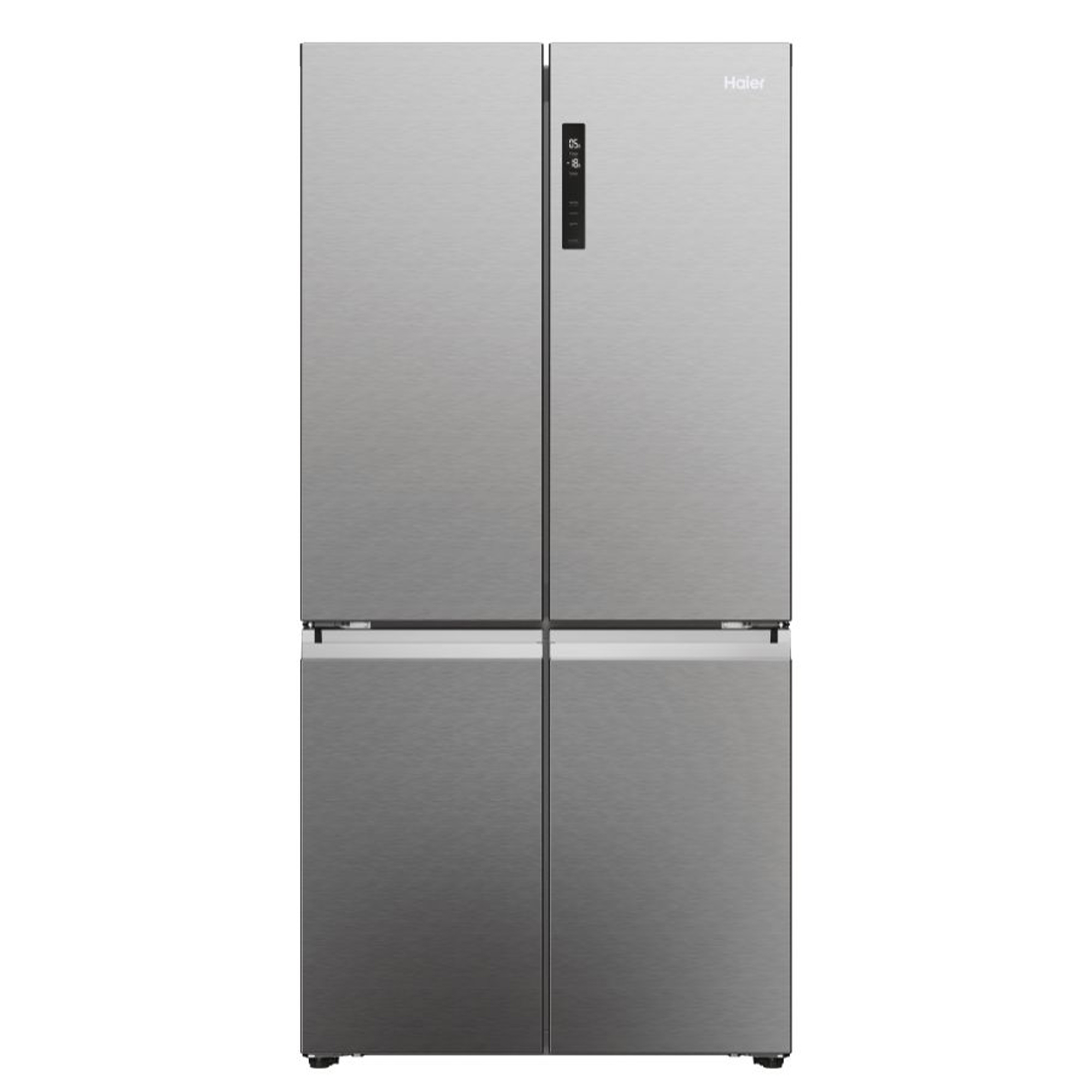 Refrigerador Haier de acero inoxidable de cuatro puertas. Las puertas están cerradas.