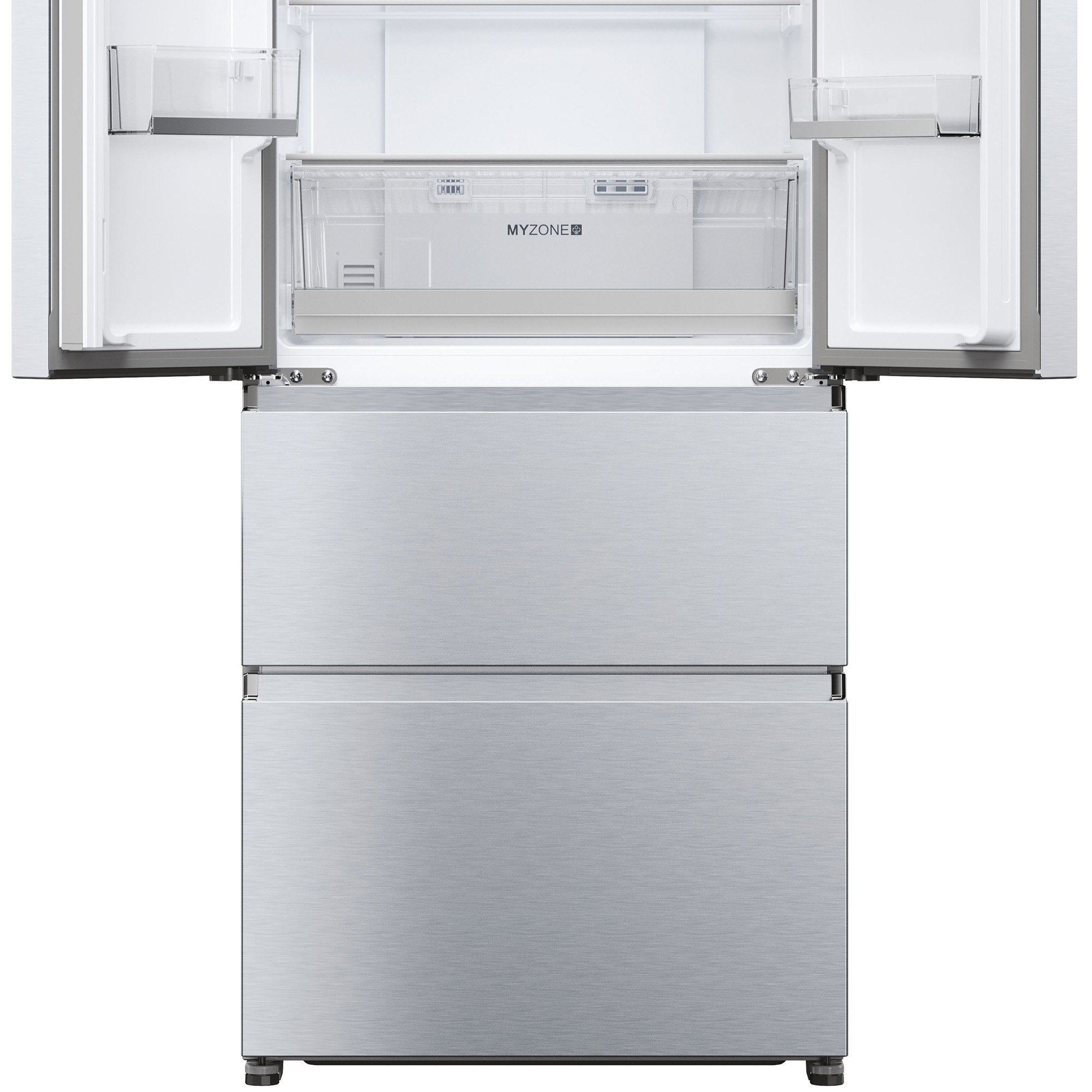 Srebrna lodówka z otwartymi drzwiami. Wnętrze z półkami i szufladą MYZONE. Białe tło.
