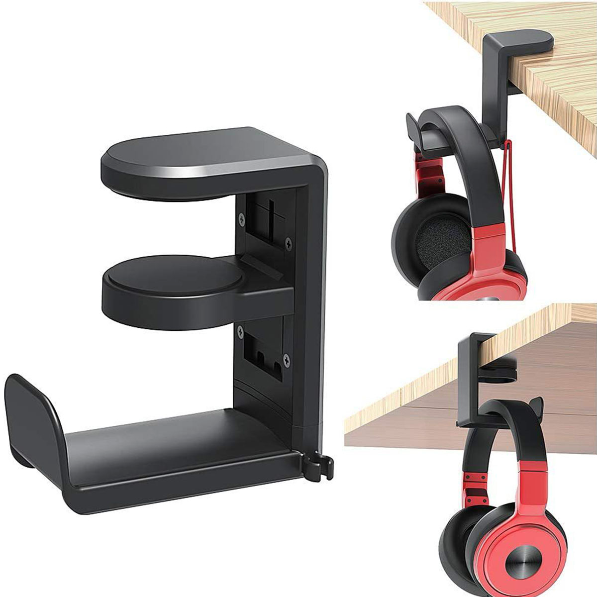 Ein schwarzer Headset-Halter, der an einem Schreibtisch befestigt ist, mit Kopfhörern.