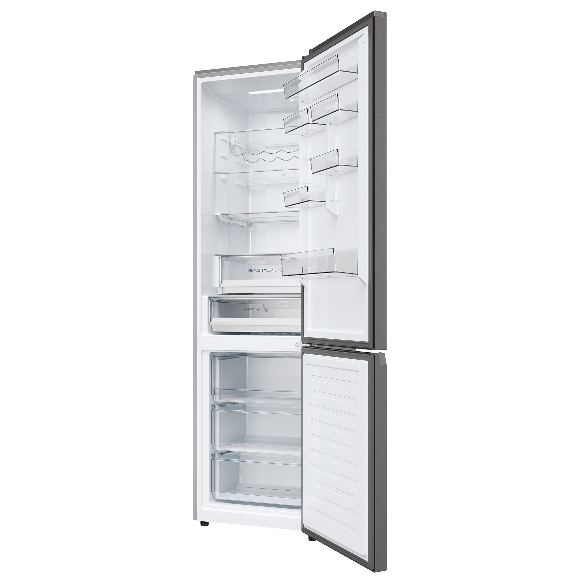 Un refrigerador abierto con estantes y cajones, mostrando su interior.