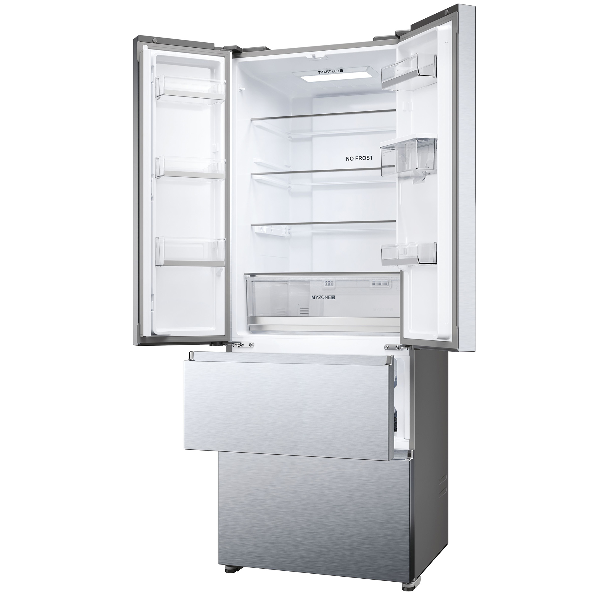 Lodówka ze stali nierdzewnej z otwartymi drzwiami, ukazującymi półki i szuflady. Nowoczesny design.