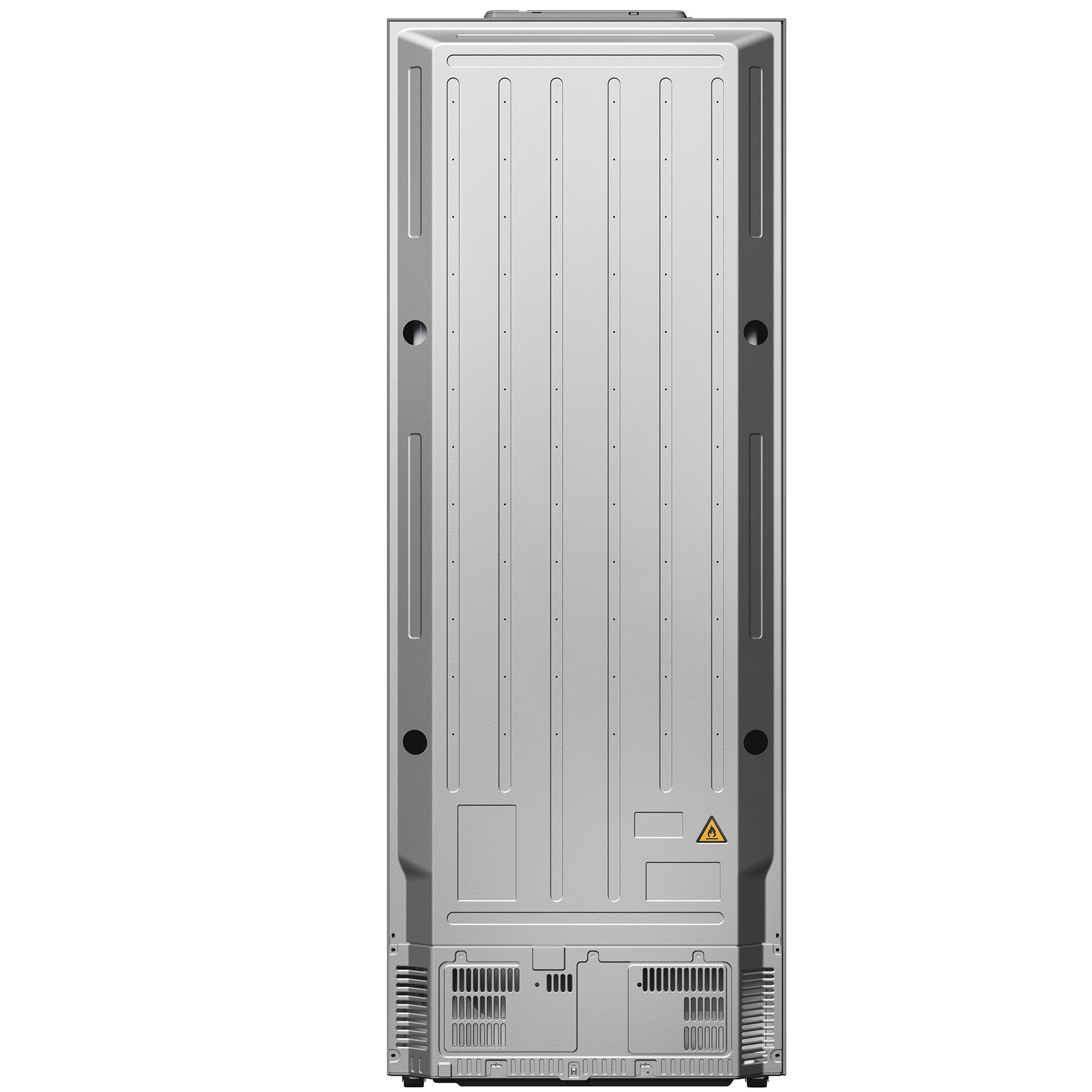 Tył szarej lodówki. Ma pionowe linie i otwory wentylacyjne na dole. Widoczna etykieta ostrzegawcza.