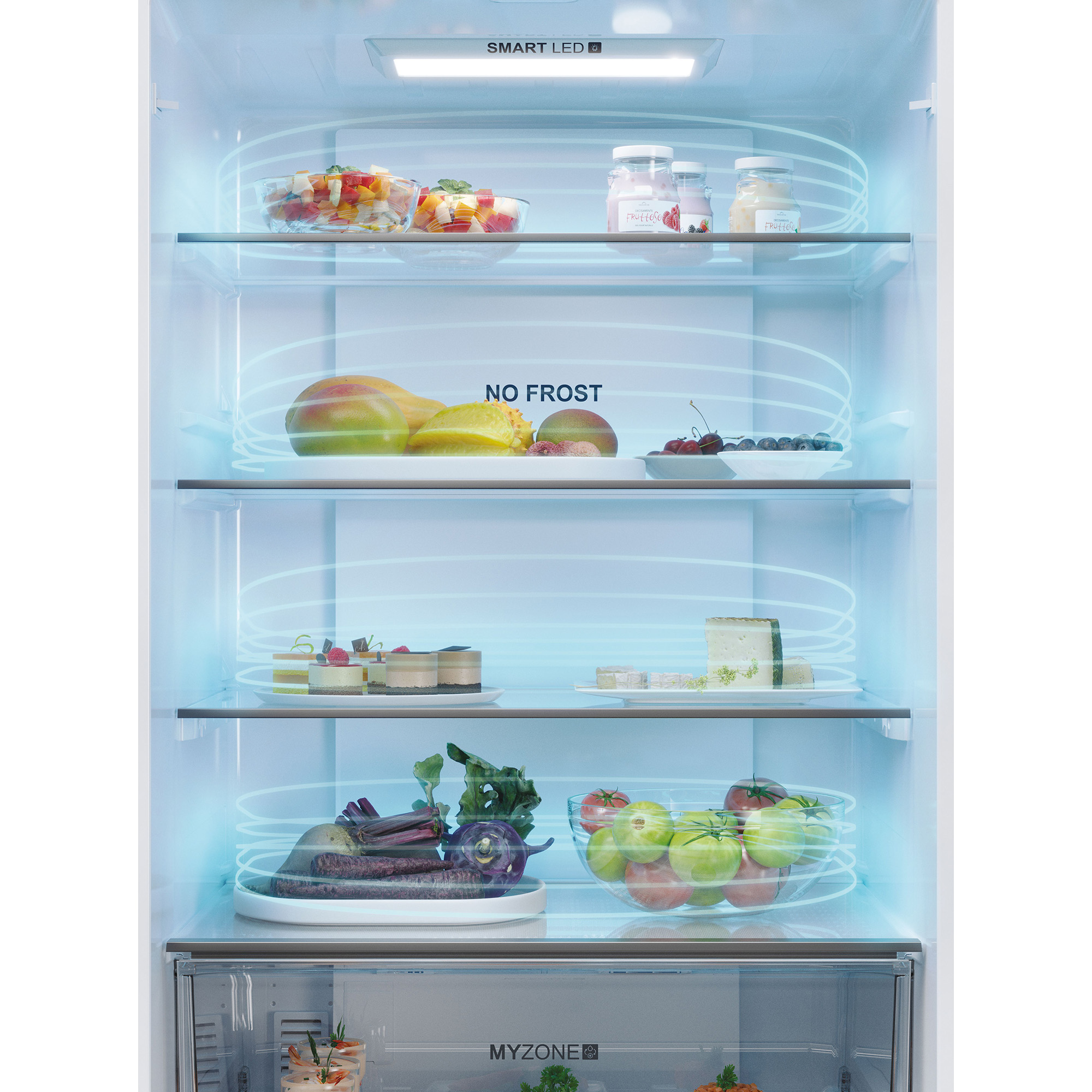 Wnętrze lodówki z jedzeniem, z niebieskim światłem wokół półek, szklane miski i pojemniki.