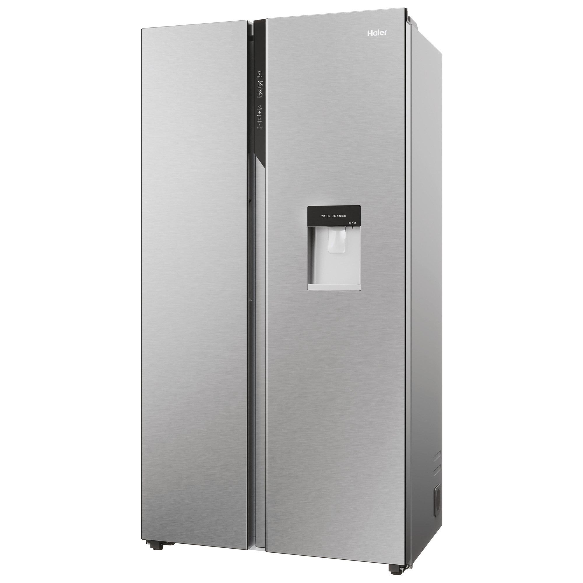 Silberner Haier-Kühlschrank mit zwei Türen und einem Wasserspender.
