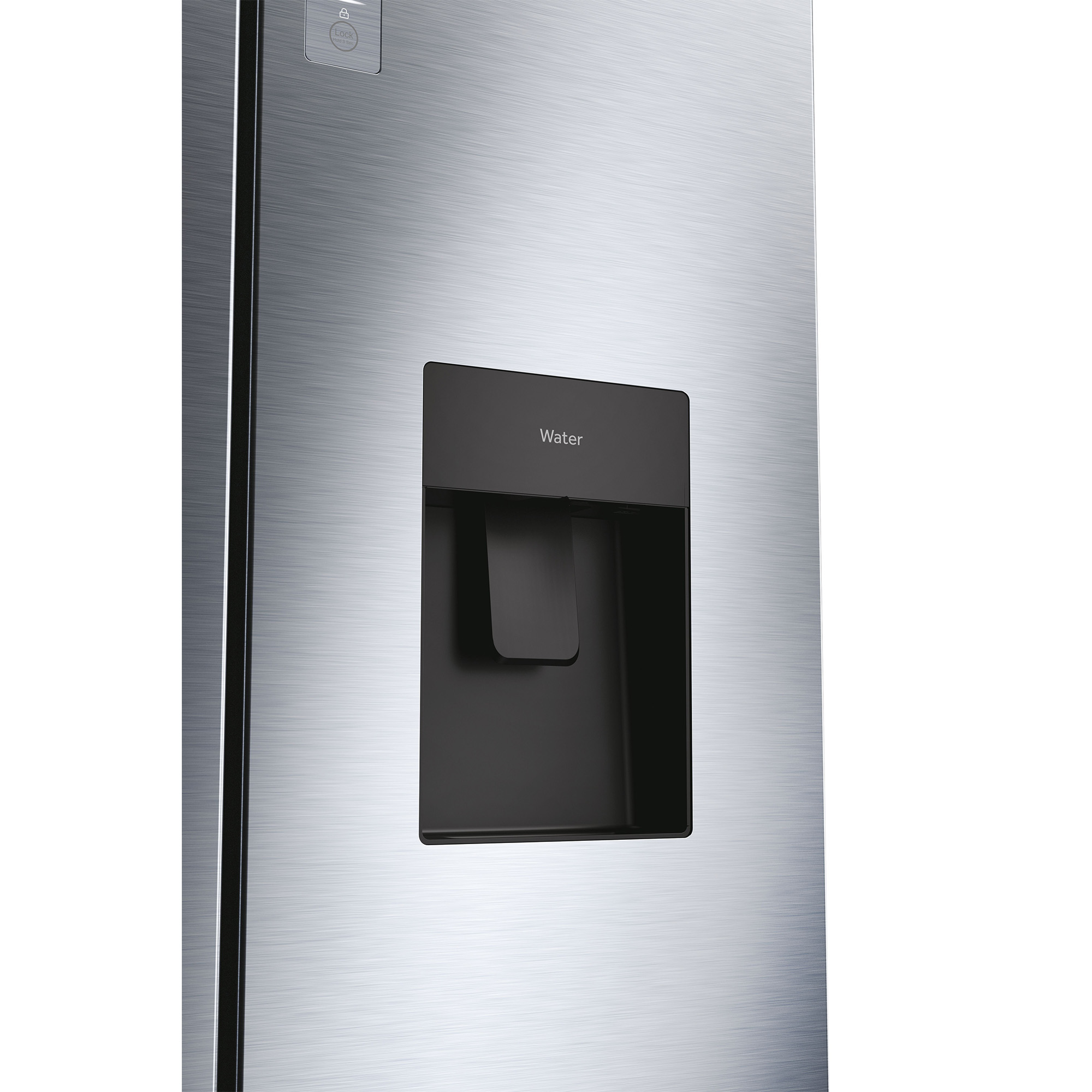 Drzwi lodówki ze stali nierdzewnej z dozownikiem wody.