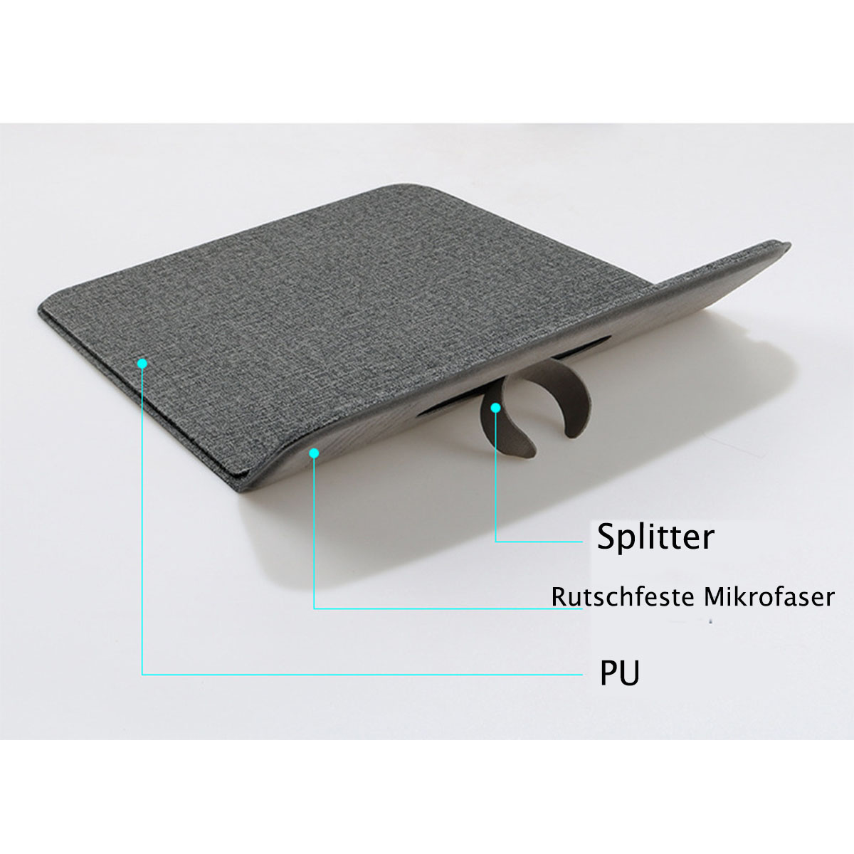 Ein grauer Tablettenständer mit den Wörtern 'Splitter' und 'Rutschfeste Mikrofaser' und 'PU' mit Linien gekennzeichnet.